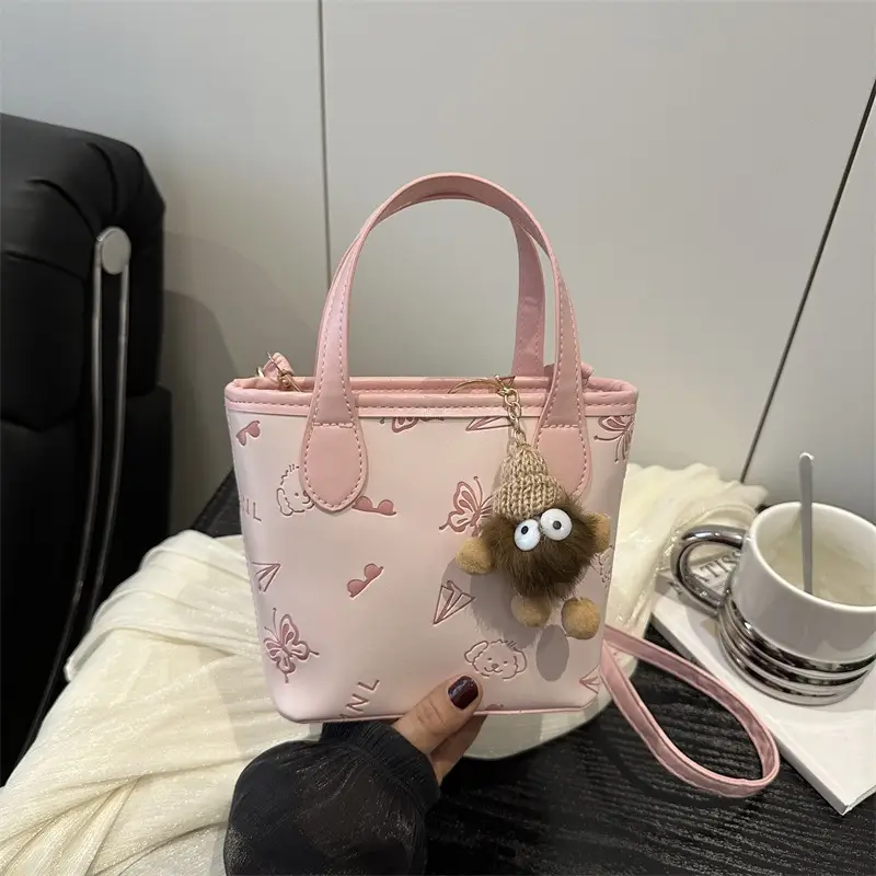 Pink Satchel Shoulder Bag with Cute Pom Pom Decor - Image 9