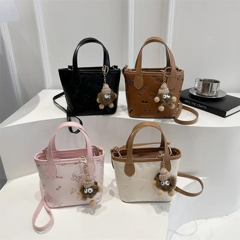 Pink Satchel Shoulder Bag with Cute Pom Pom Decor - Image 10