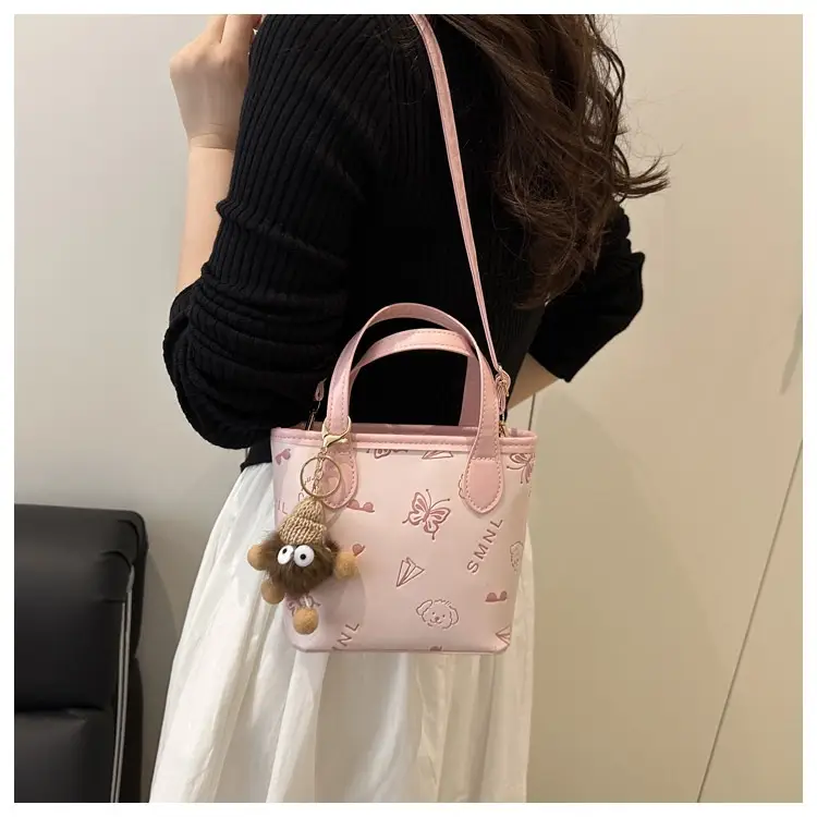 Pink Satchel Shoulder Bag with Cute Pom Pom Decor — feature 12