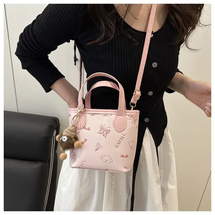 Pink Satchel Shoulder Bag with Cute Pom Pom Decor — feature 13