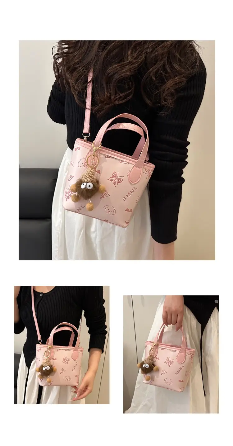 Pink Satchel Shoulder Bag with Cute Pom Pom Decor — feature 17