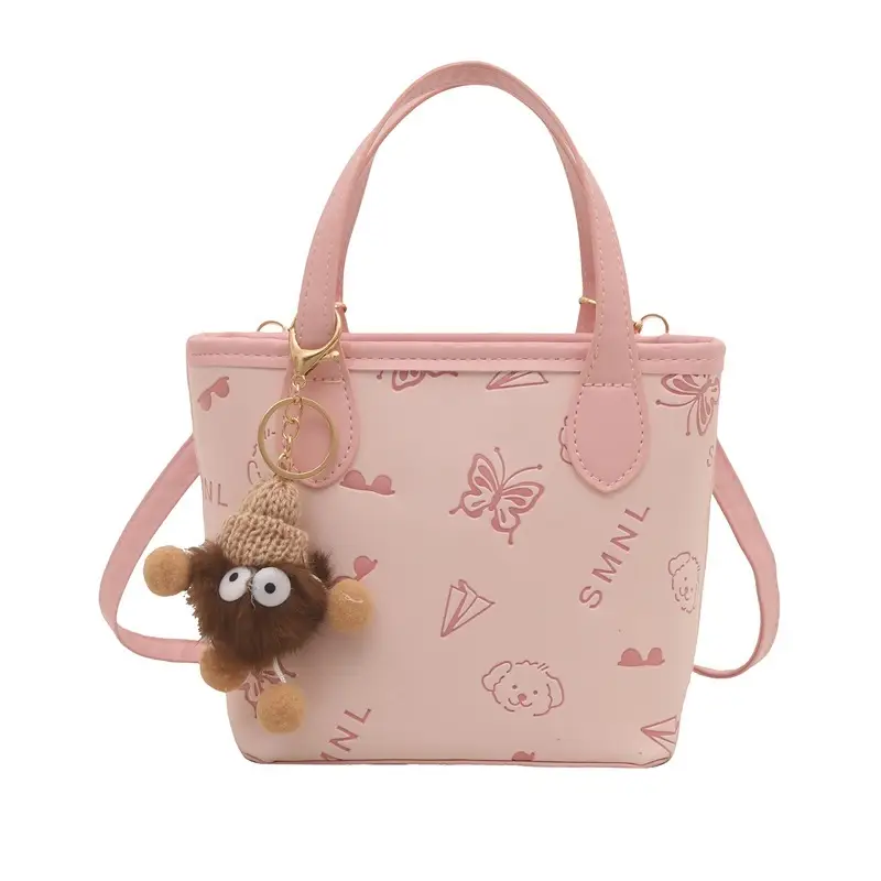 Pink Satchel Shoulder Bag with Cute Pom Pom Decor - Image 2