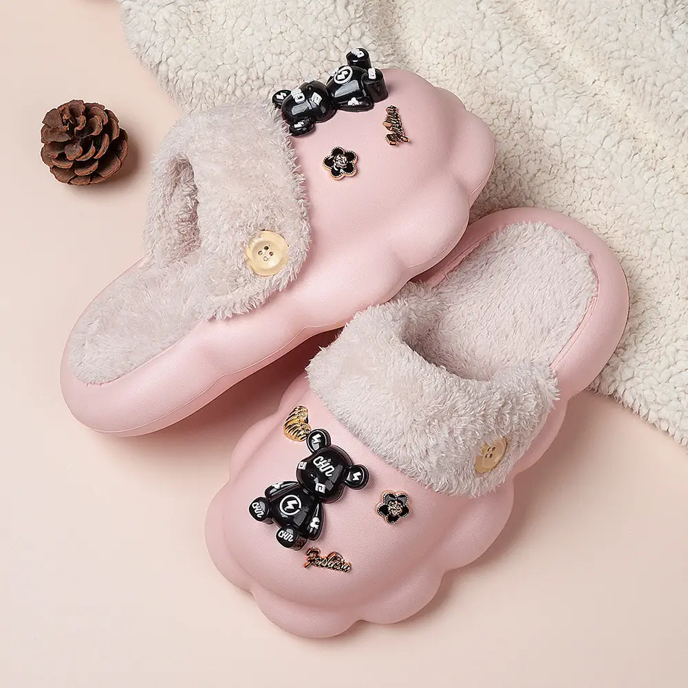 Pink Bow Slippers for Women Warm Plush Cotton Autumn Winter - Image 2
