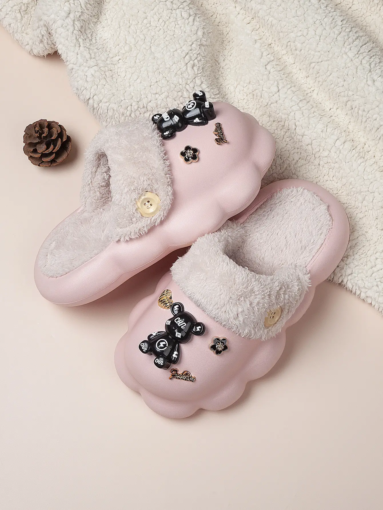 Pink Bow Slippers for Women Warm Plush Cotton Autumn Winter — feature 1