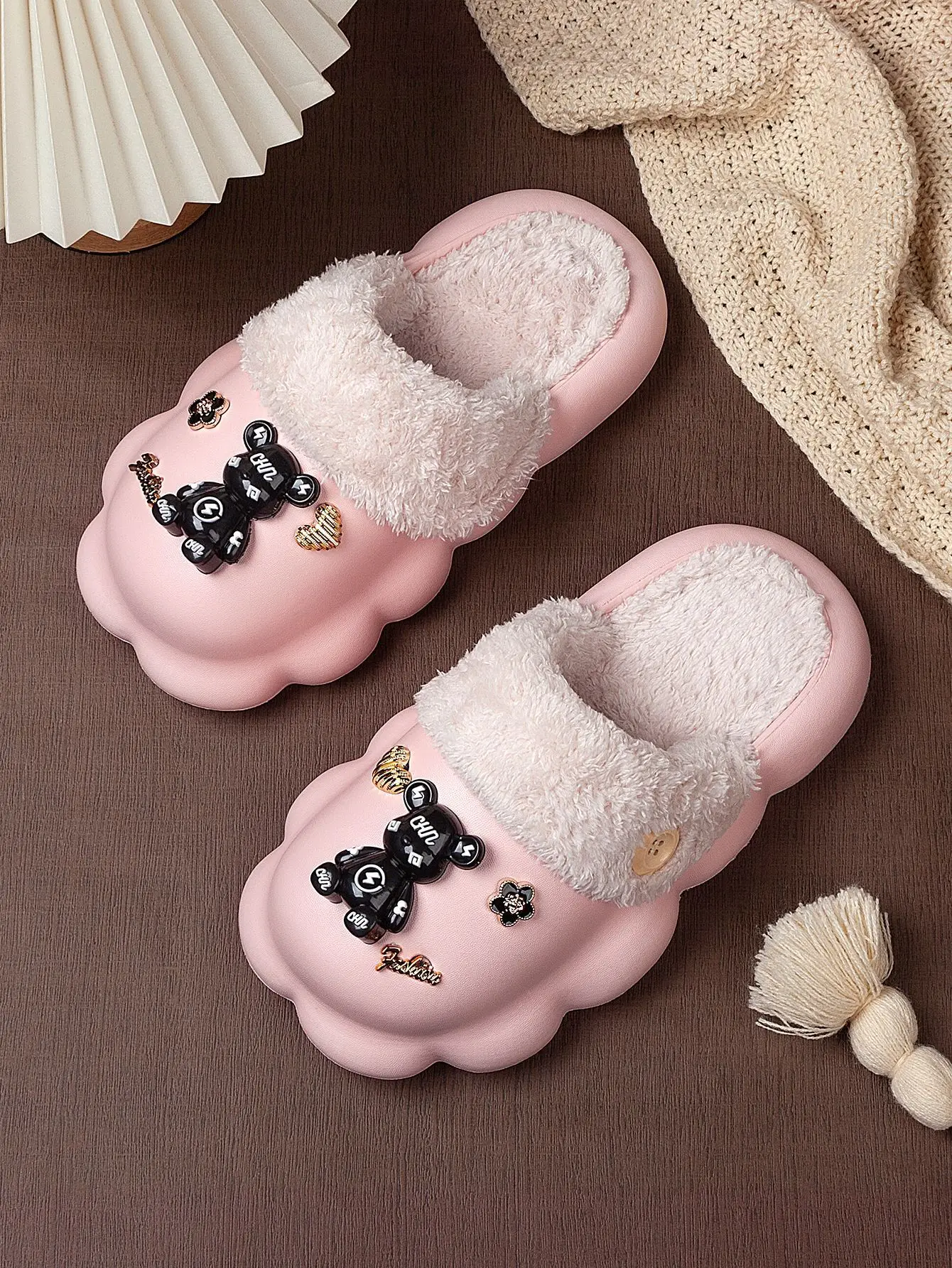 Pink Bow Slippers for Women Warm Plush Cotton Autumn Winter — feature 2