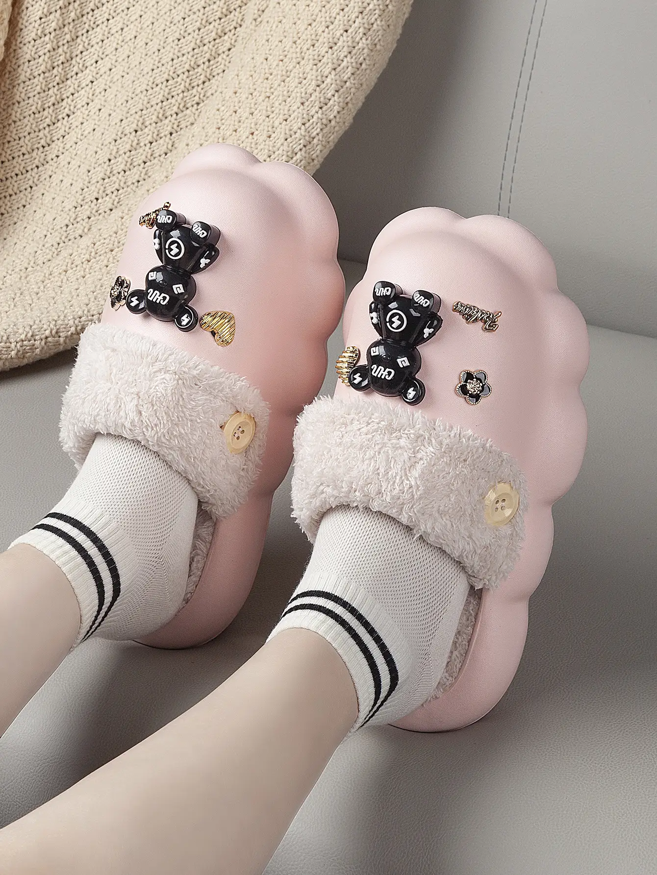 Pink Bow Slippers for Women Warm Plush Cotton Autumn Winter — feature 4