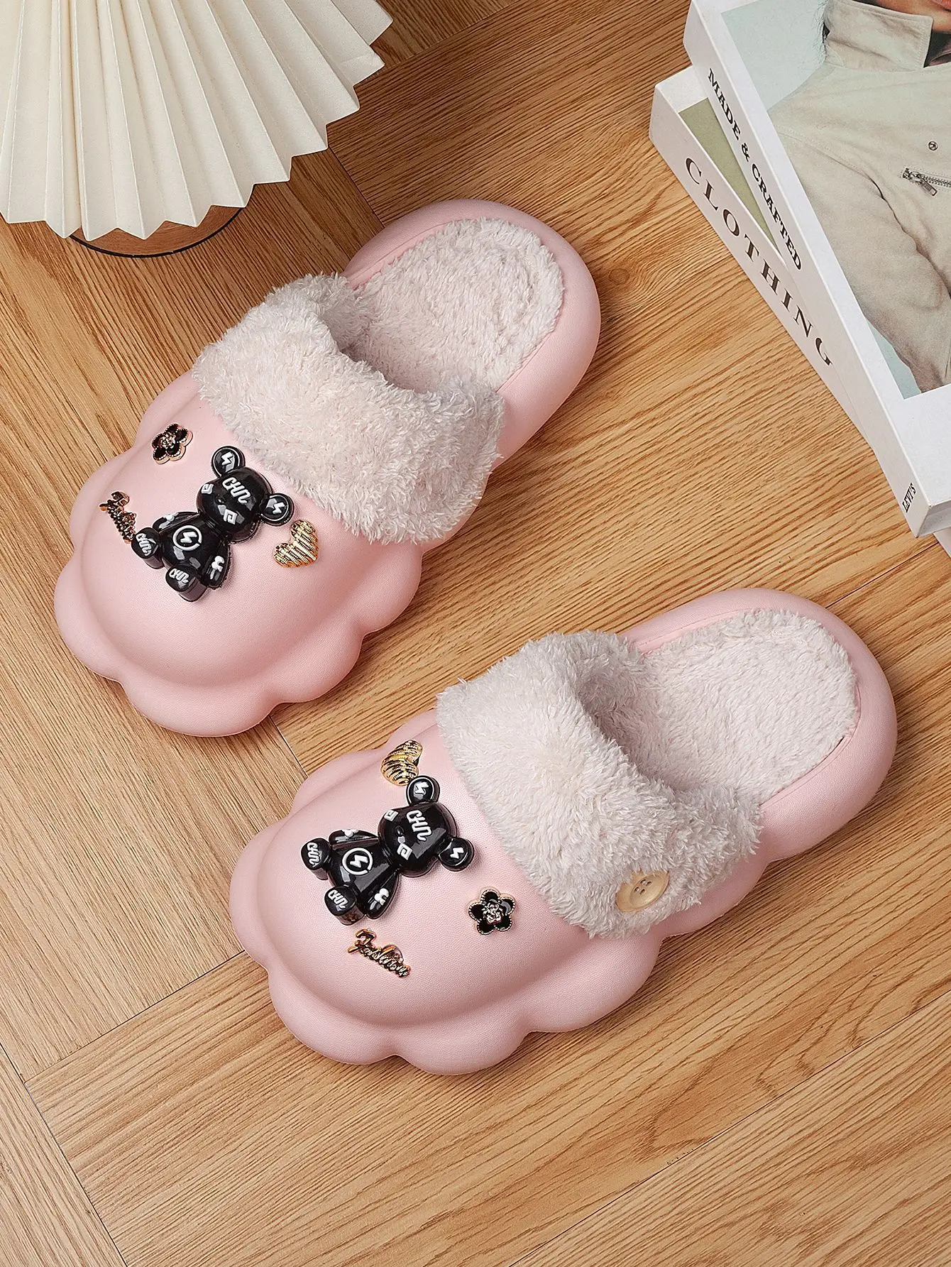 Pink Bow Slippers for Women Warm Plush Cotton Autumn Winter — feature 5