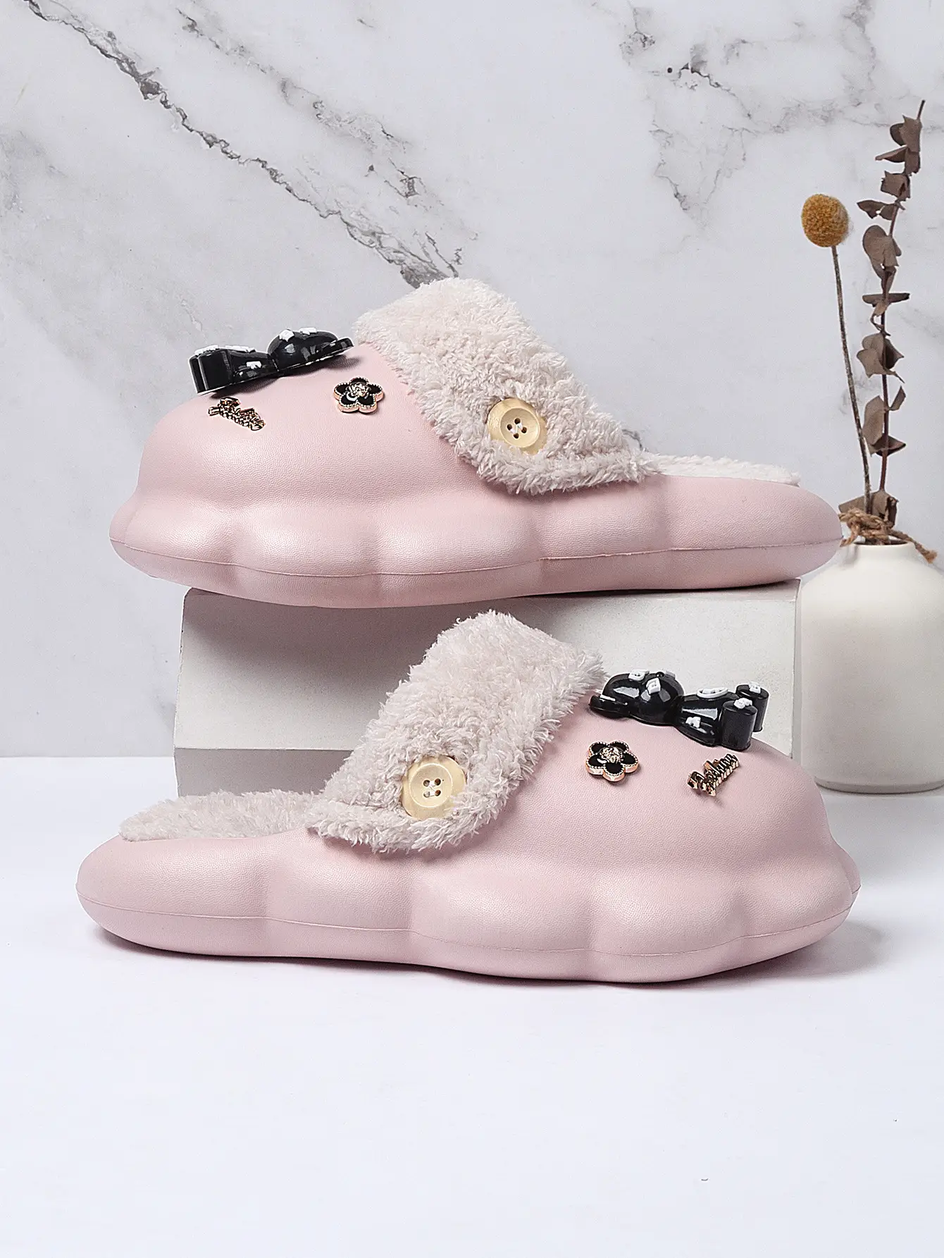 Pink Bow Slippers for Women Warm Plush Cotton Autumn Winter — feature 6