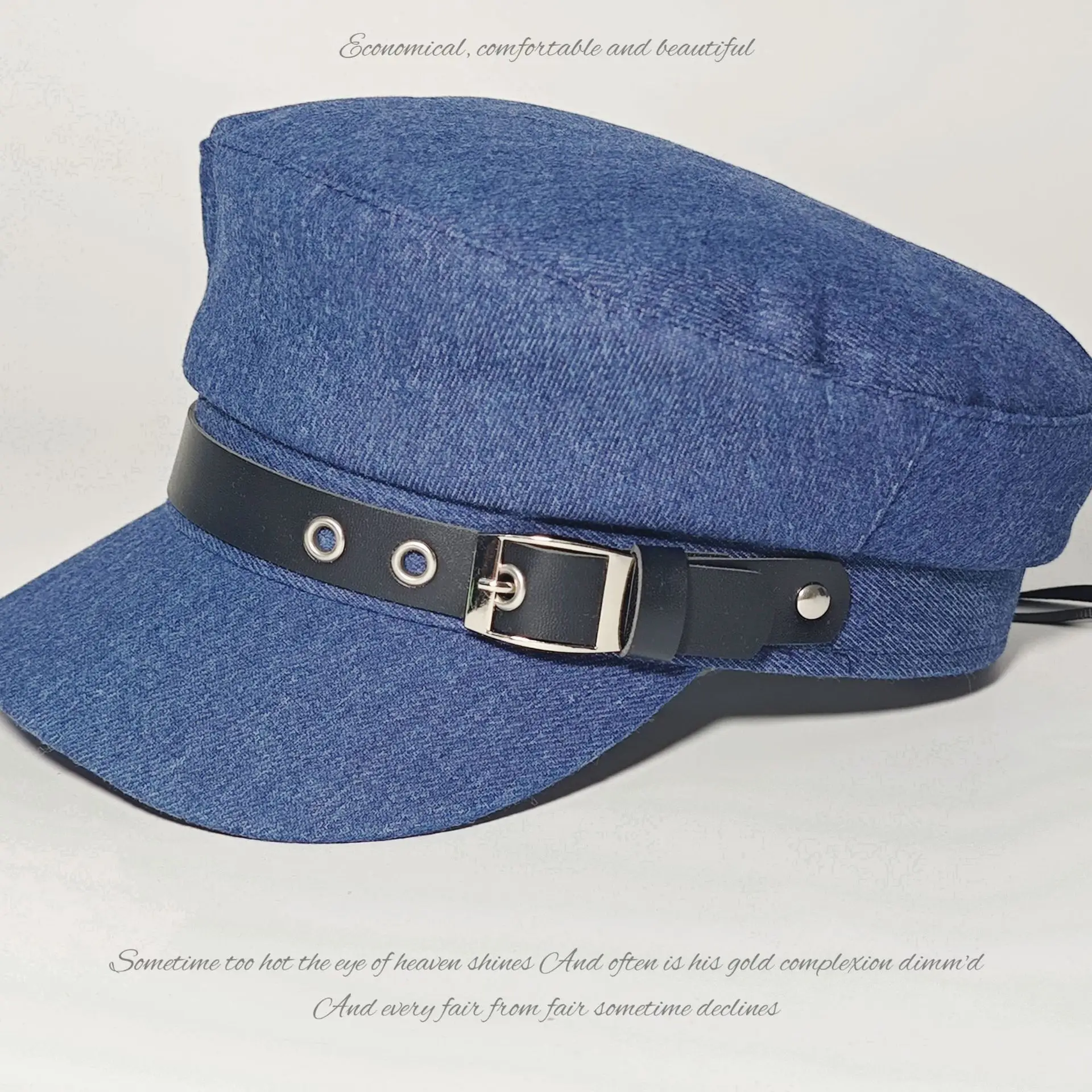 Women Blue Denim Belt Buckle Cap with Curved Brim - Image 6