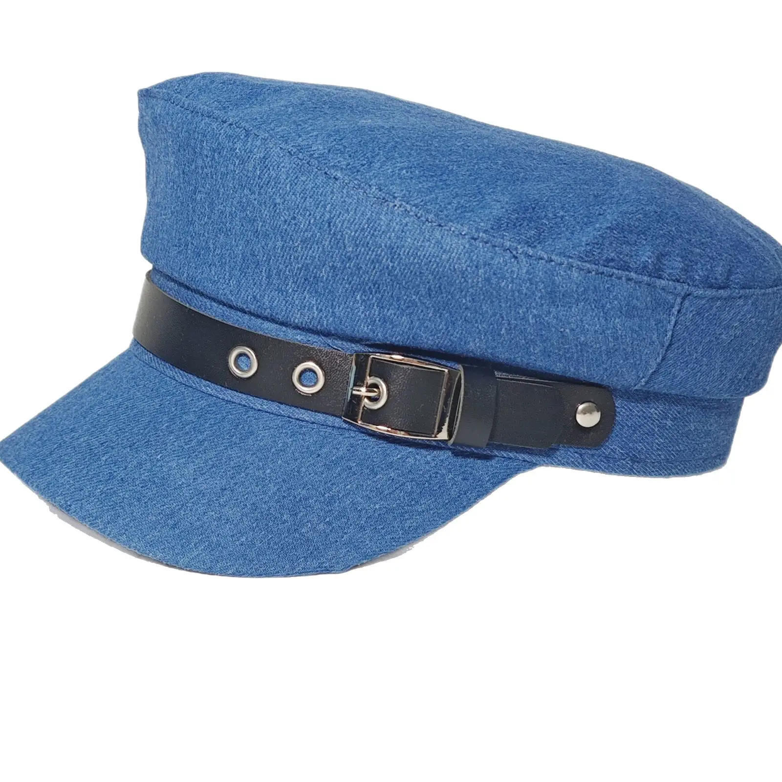 Women Blue Denim Belt Buckle Cap with Curved Brim - Image 8