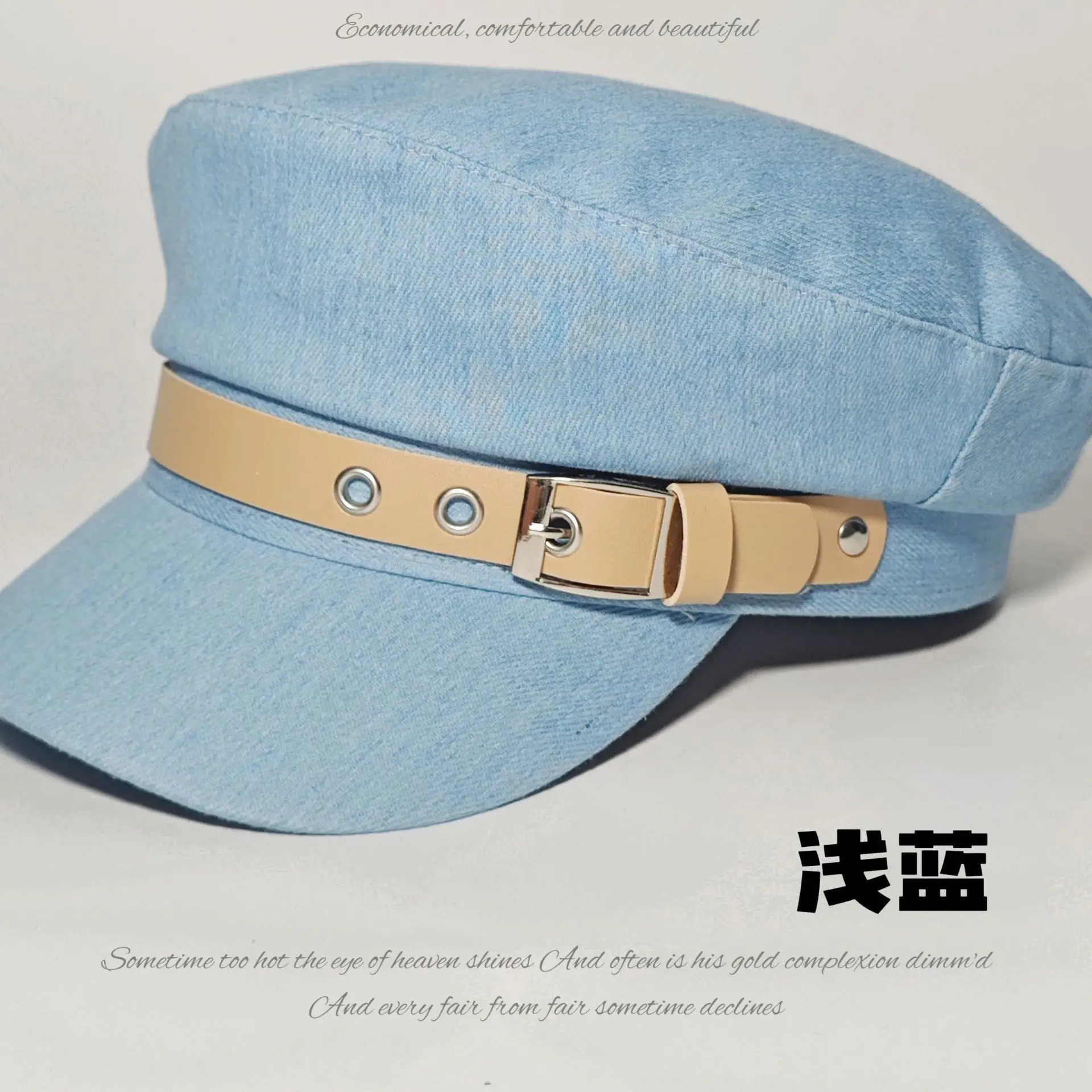 Women Blue Denim Belt Buckle Cap with Curved Brim - Image 2