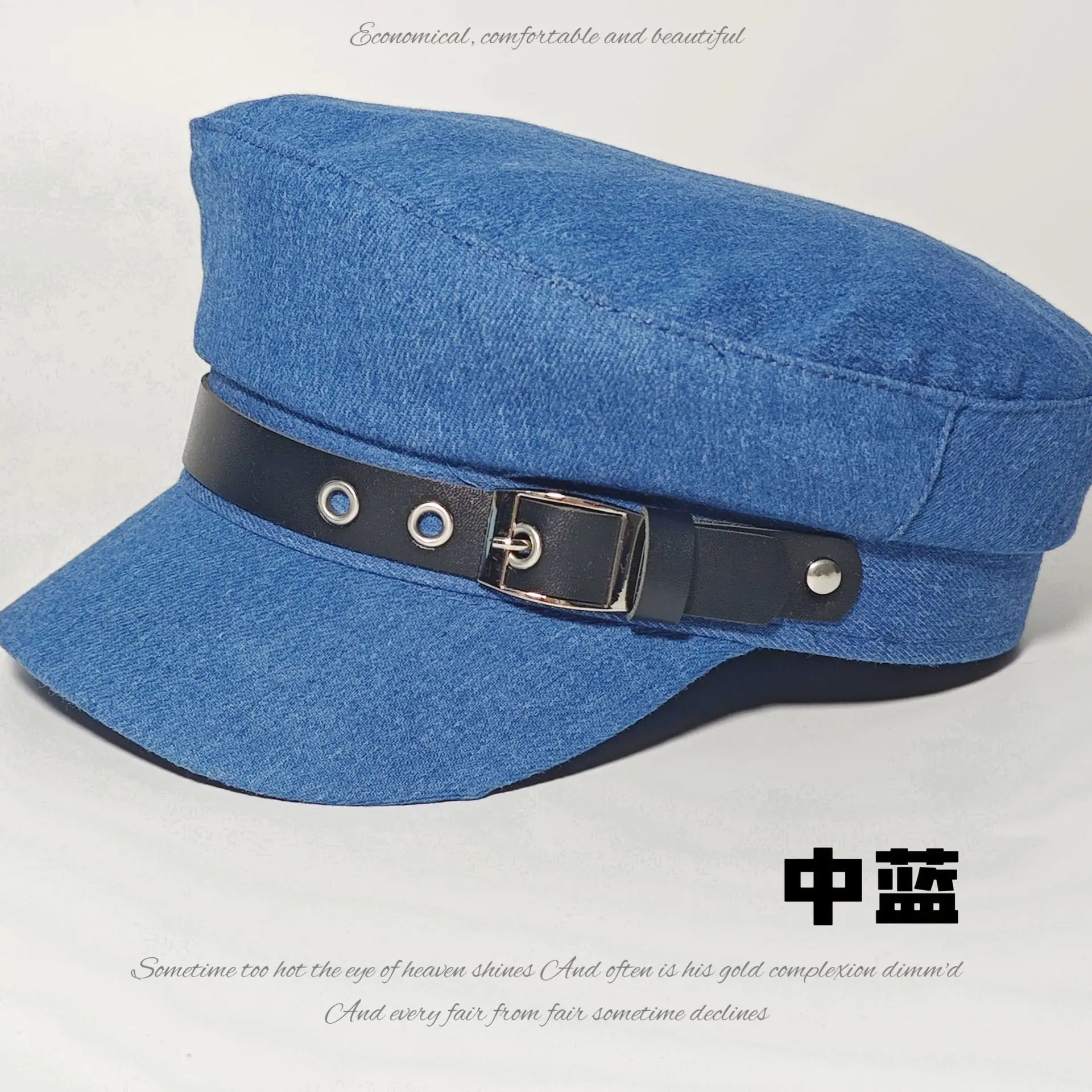 Women Blue Denim Belt Buckle Cap with Curved Brim - Image 3