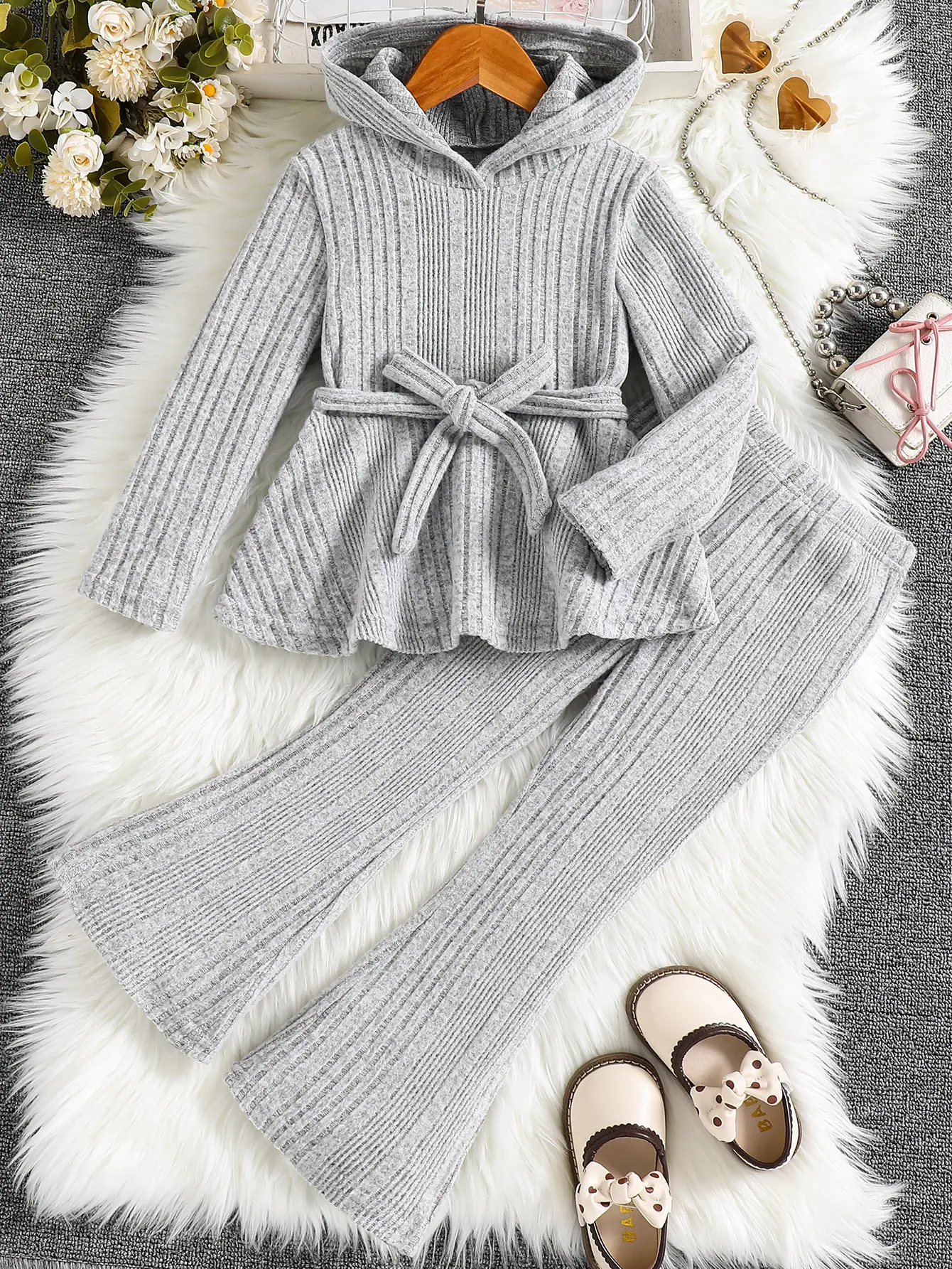 Girls Grey Knitted Long Sleeve Hooded Pants Set