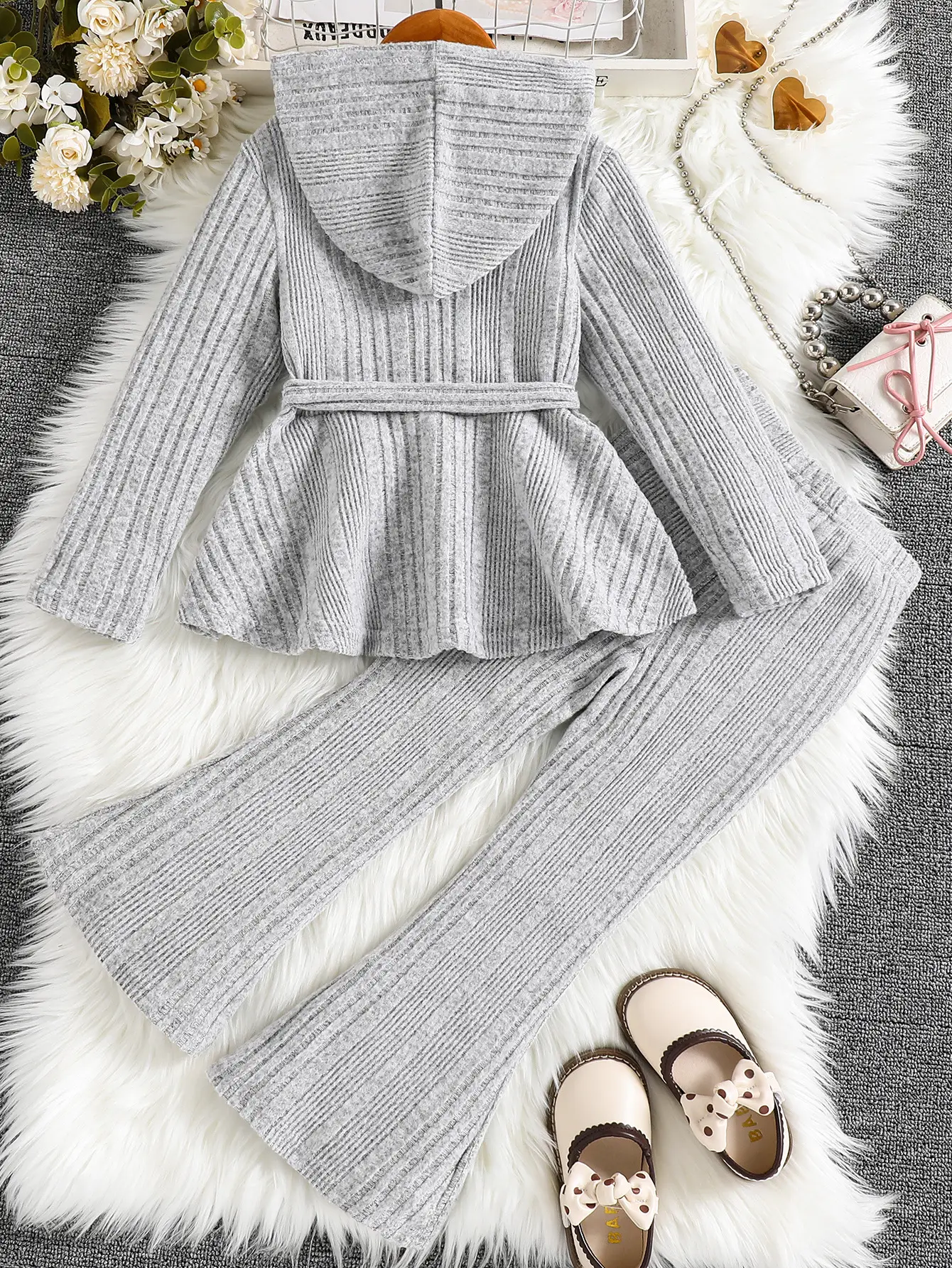 Girls Grey Knitted Long Sleeve Hooded Pants Set