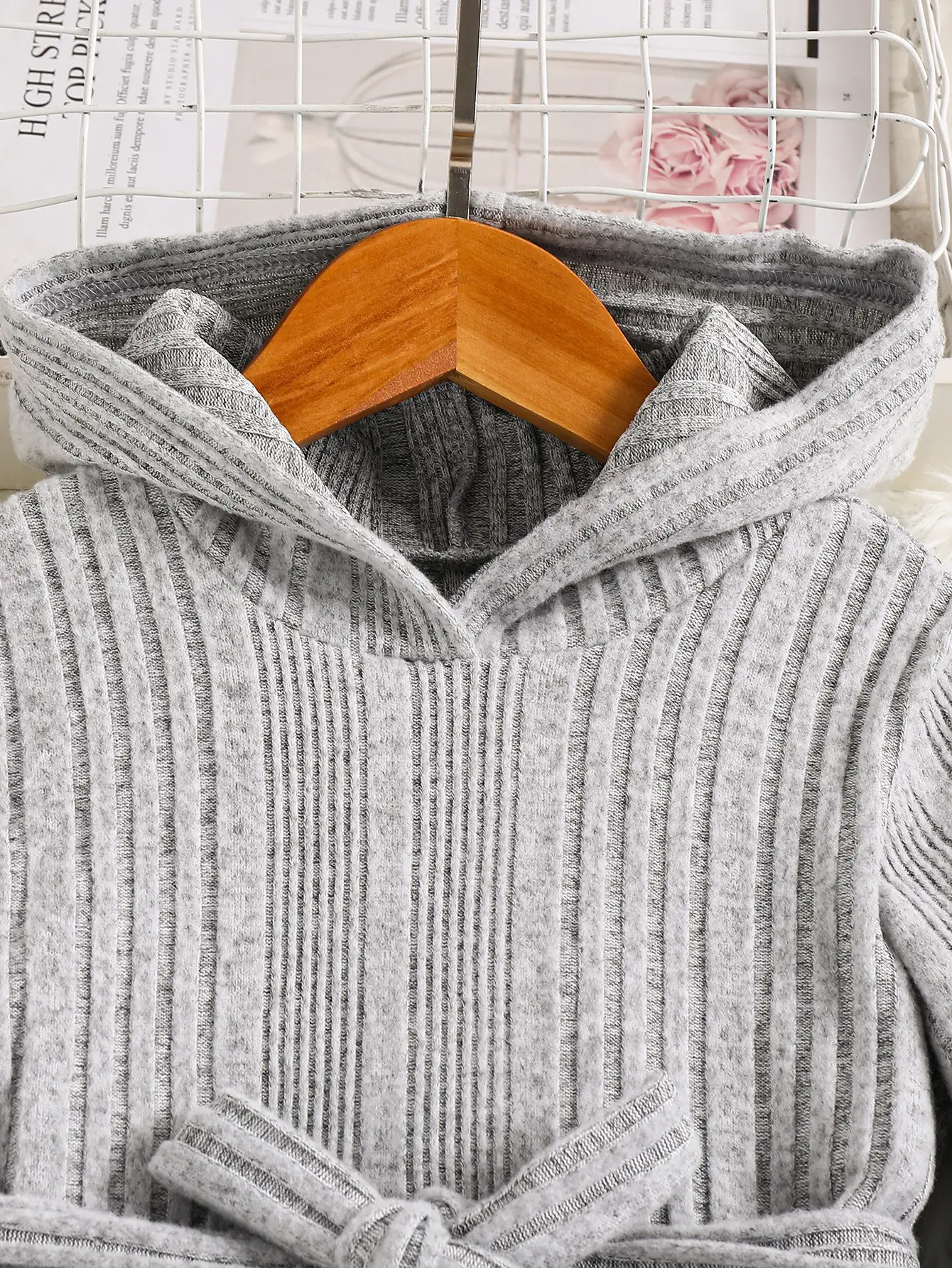 Girls Grey Knitted Long Sleeve Hooded Pants Set