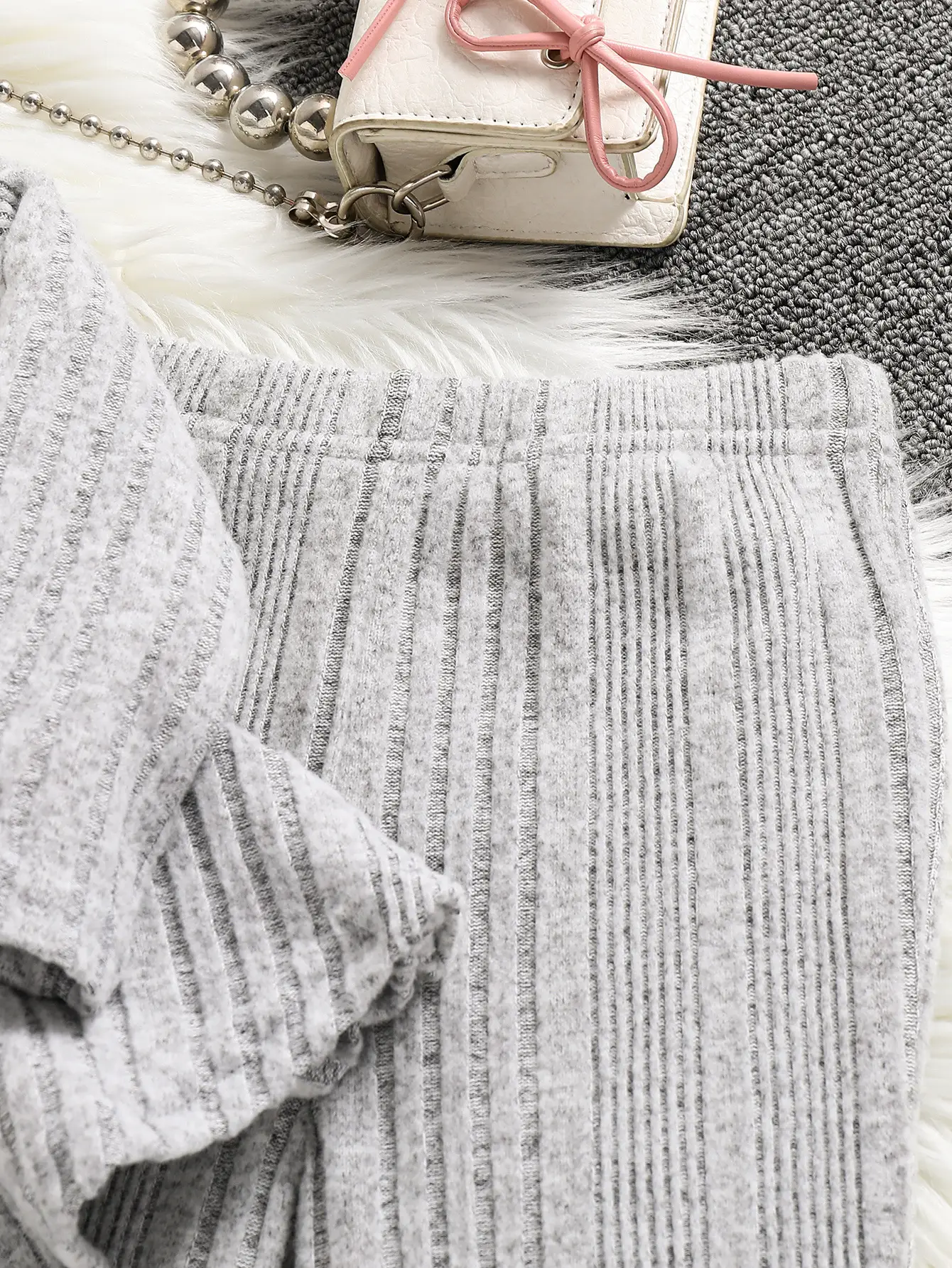 Girls Grey Knitted Long Sleeve Hooded Pants Set
