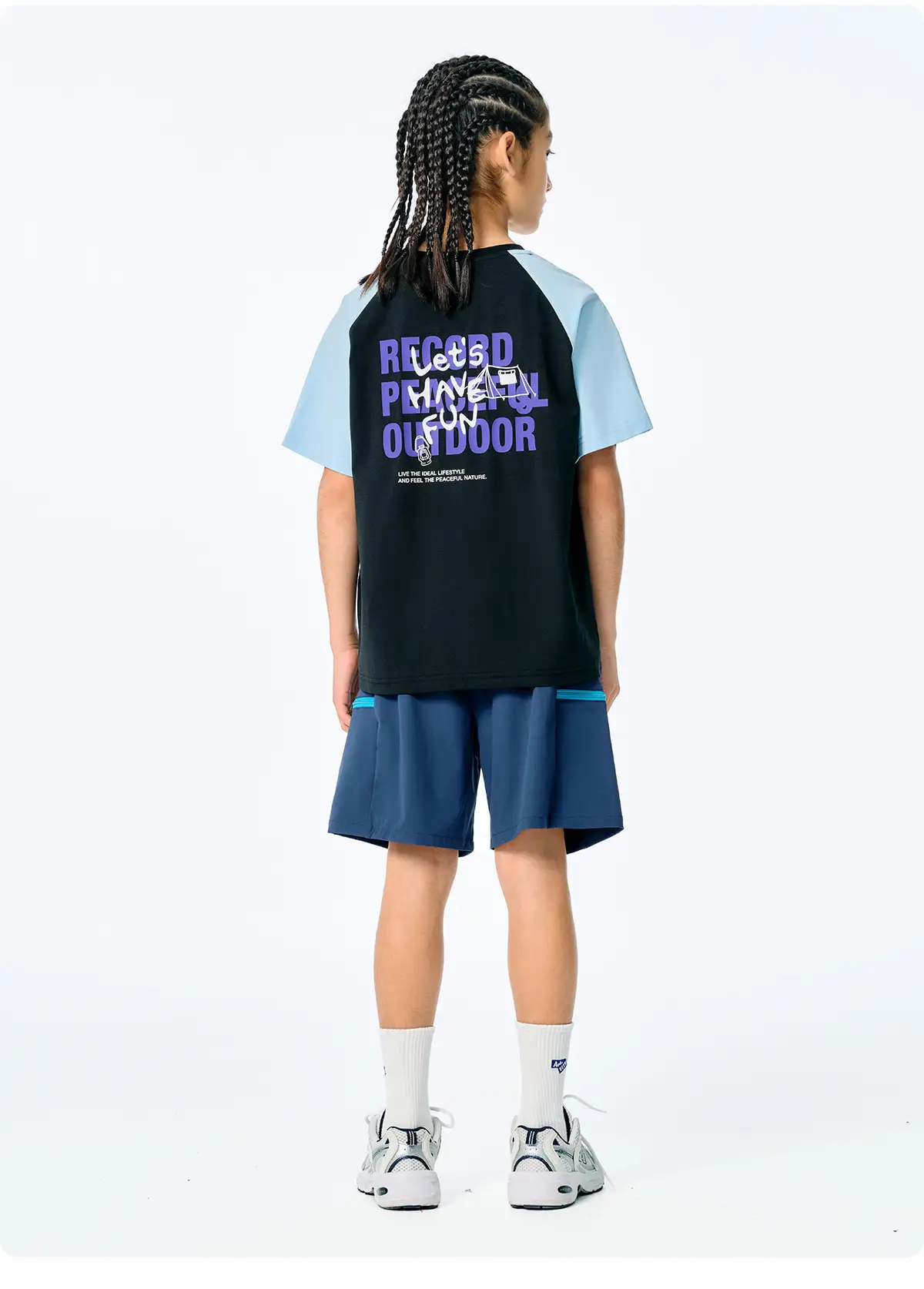 Kids Japanese Style Raglan Sleeve T-Shirt Blue Black Shorts Set — feature 21