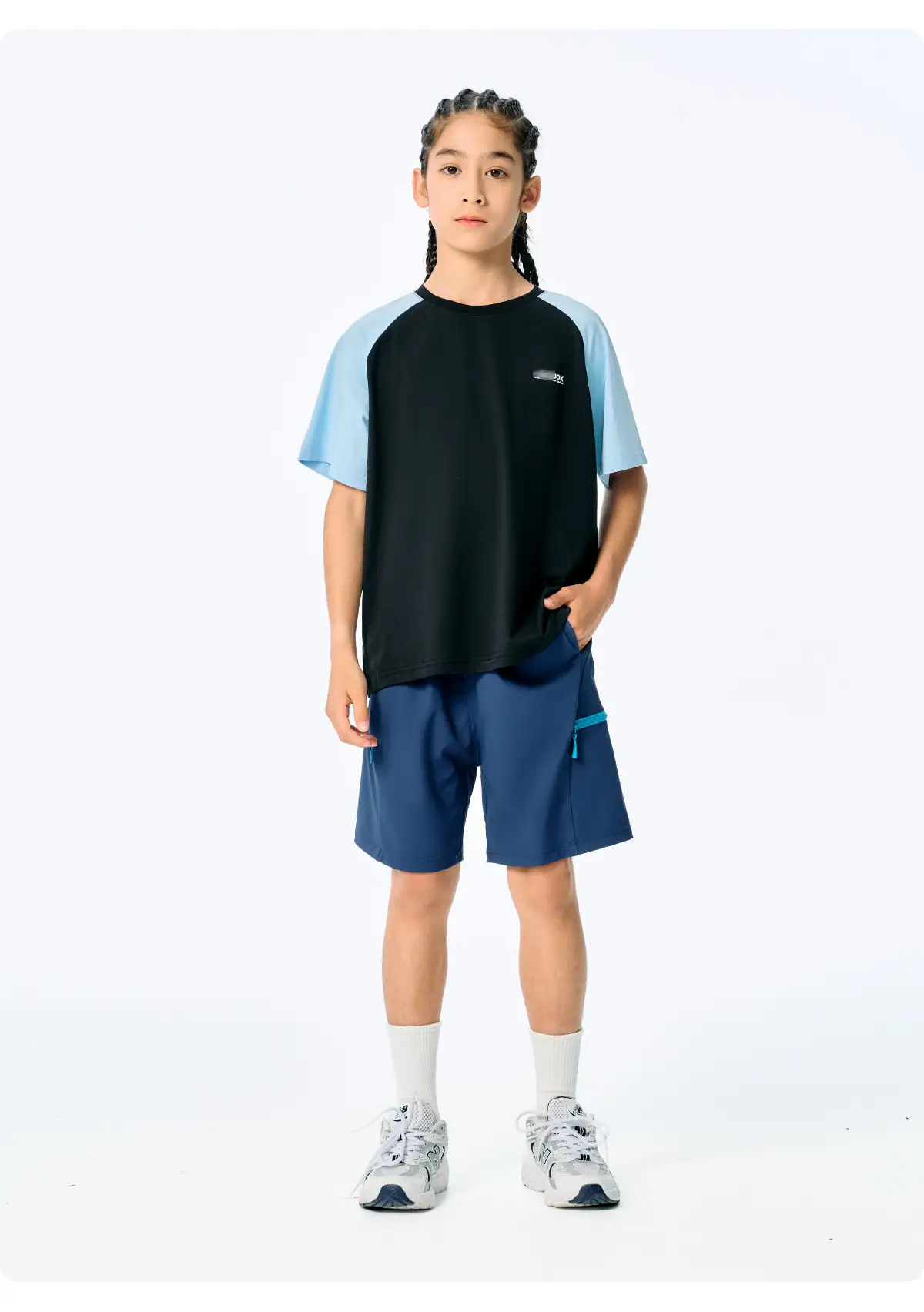 Kids Japanese Style Raglan Sleeve T-Shirt Blue Black Shorts Set — feature 22