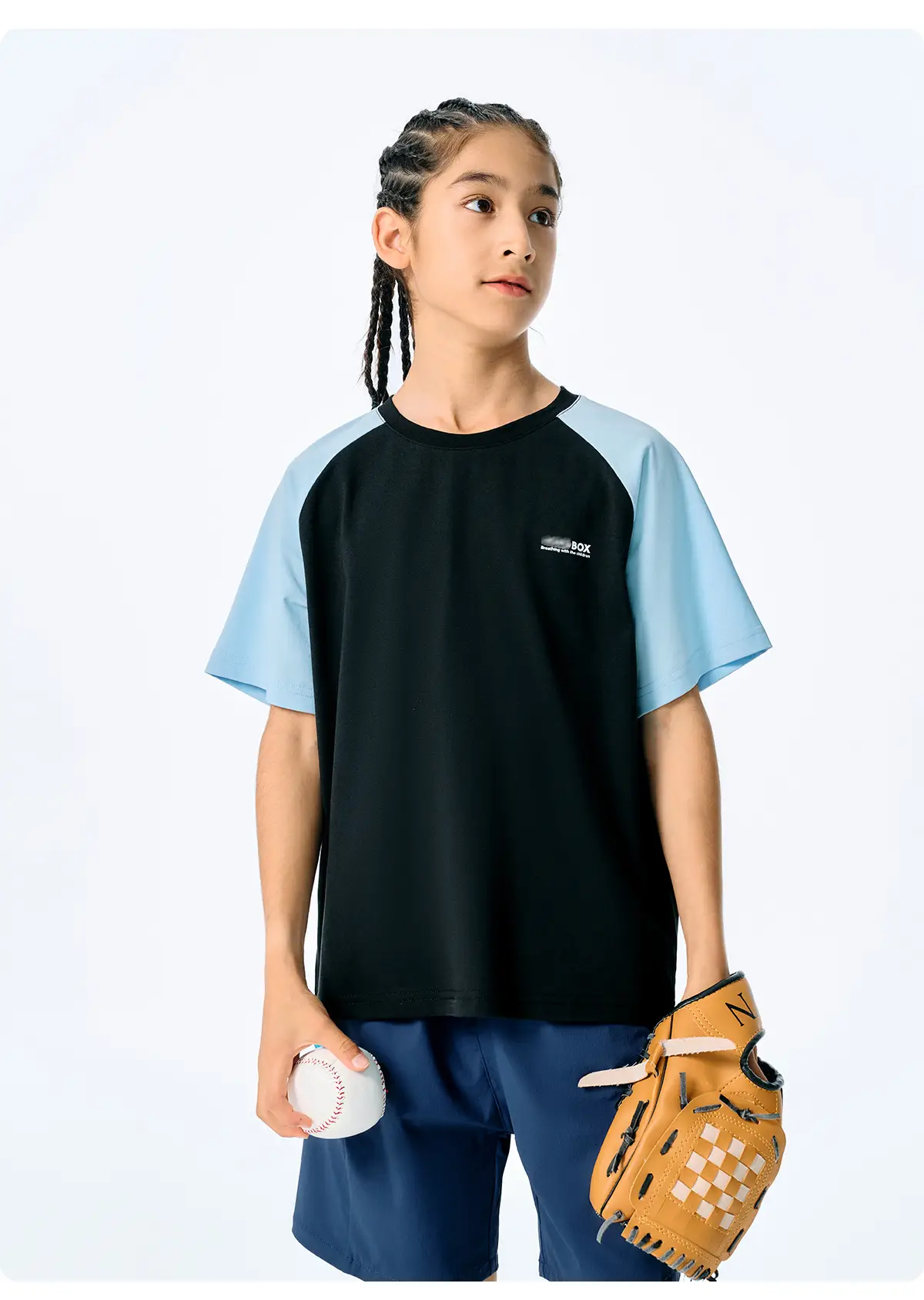 Kids Japanese Style Raglan Sleeve T-Shirt Blue Black Shorts Set — feature 25