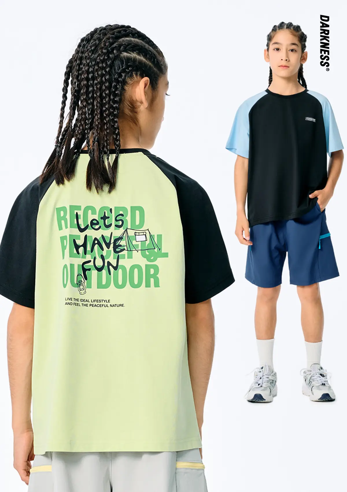 Kids Japanese Style Raglan Sleeve T-Shirt Blue Black Shorts Set — feature 3