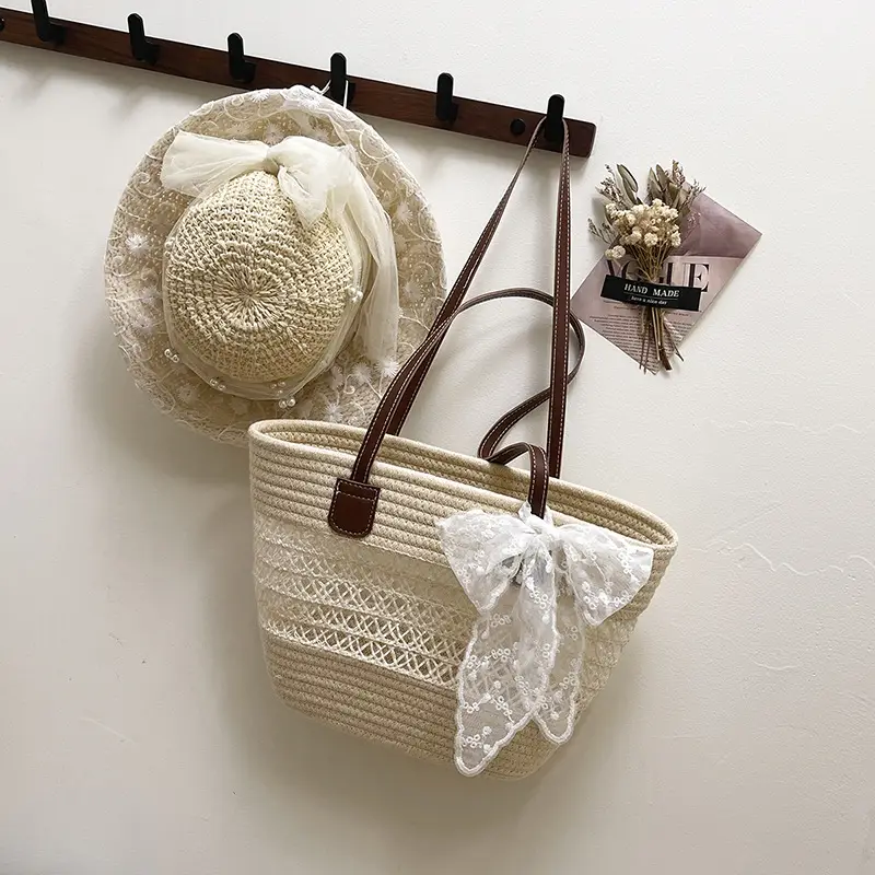 Women's Straw Commuter Bag with Leather Handle - Image 5