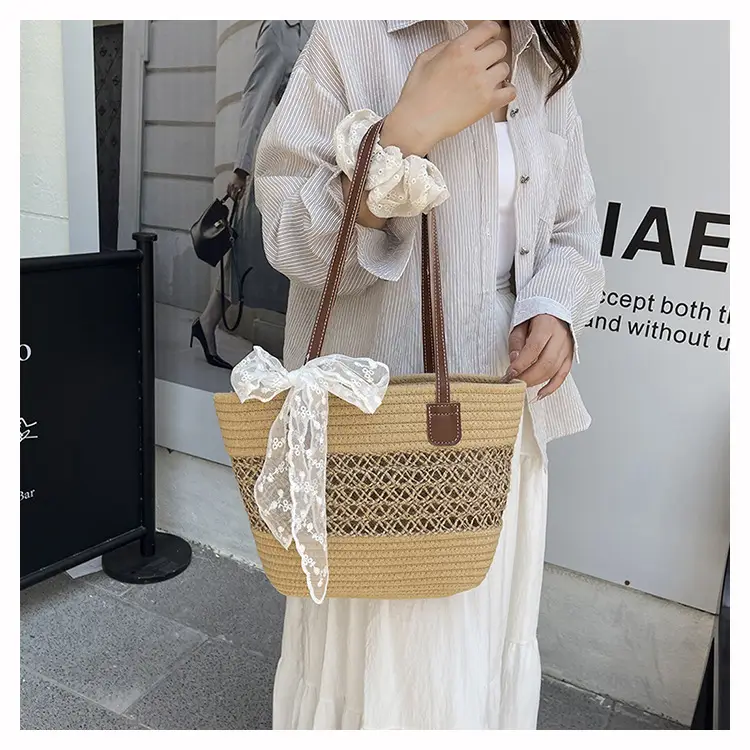 Women's Straw Commuter Bag with Leather Handle — feature 1