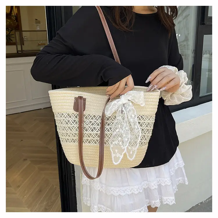 Women's Straw Commuter Bag with Leather Handle — feature 14