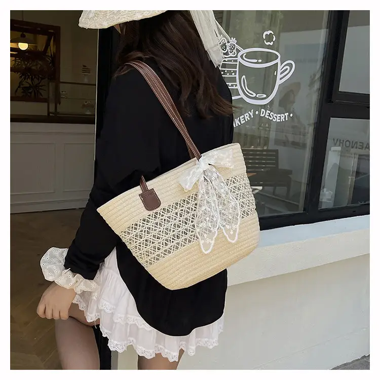 Women's Straw Commuter Bag with Leather Handle — feature 15