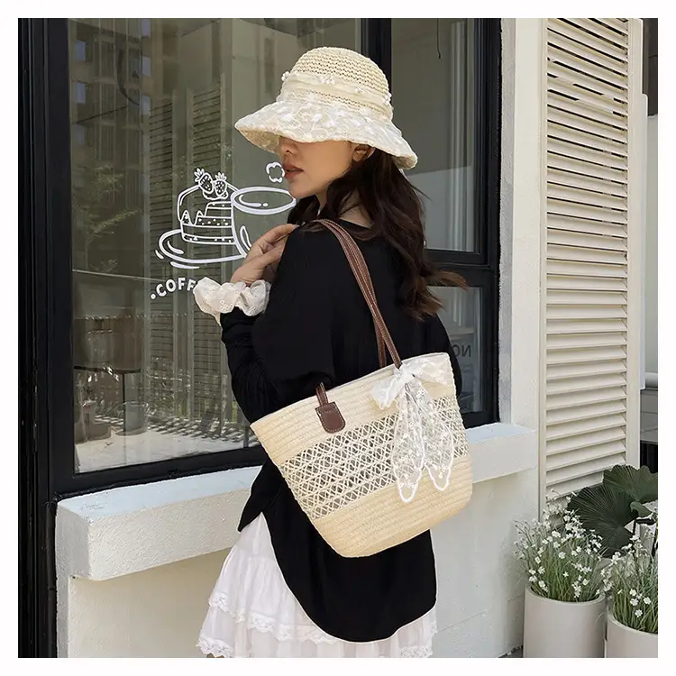 Women's Straw Commuter Bag with Leather Handle — feature 17