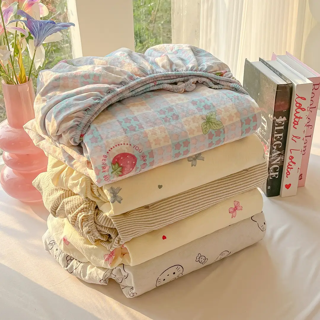 Four-Season Universal Washed Cotton Double-Layer Gauze Fitted Sheet Single-Piece All-Inclusive Anti-Slip Household Double Mattress Dust Cover Three-Piece Set