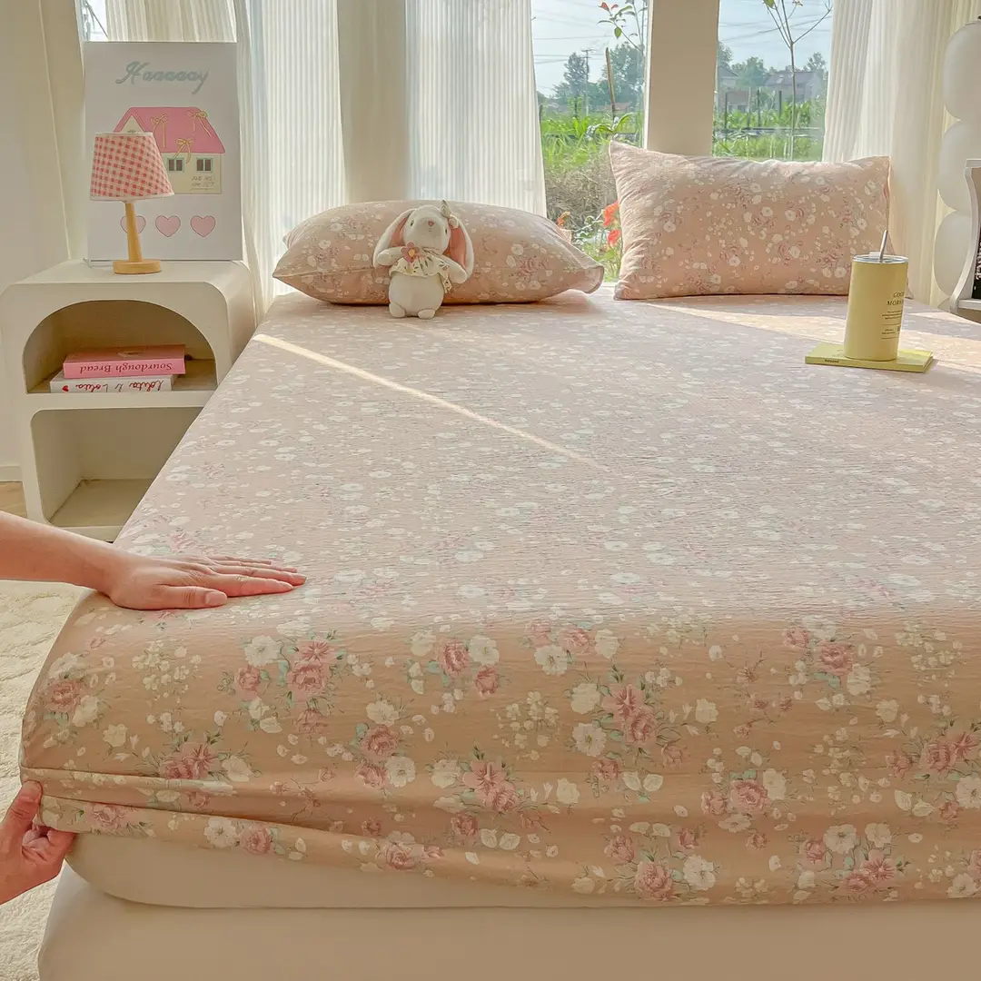 Four-Season Universal Washed Cotton Double-Layer Gauze Fitted Sheet Single-Piece All-Inclusive Anti-Slip Household Double Mattress Dust Cover Three-Piece Set