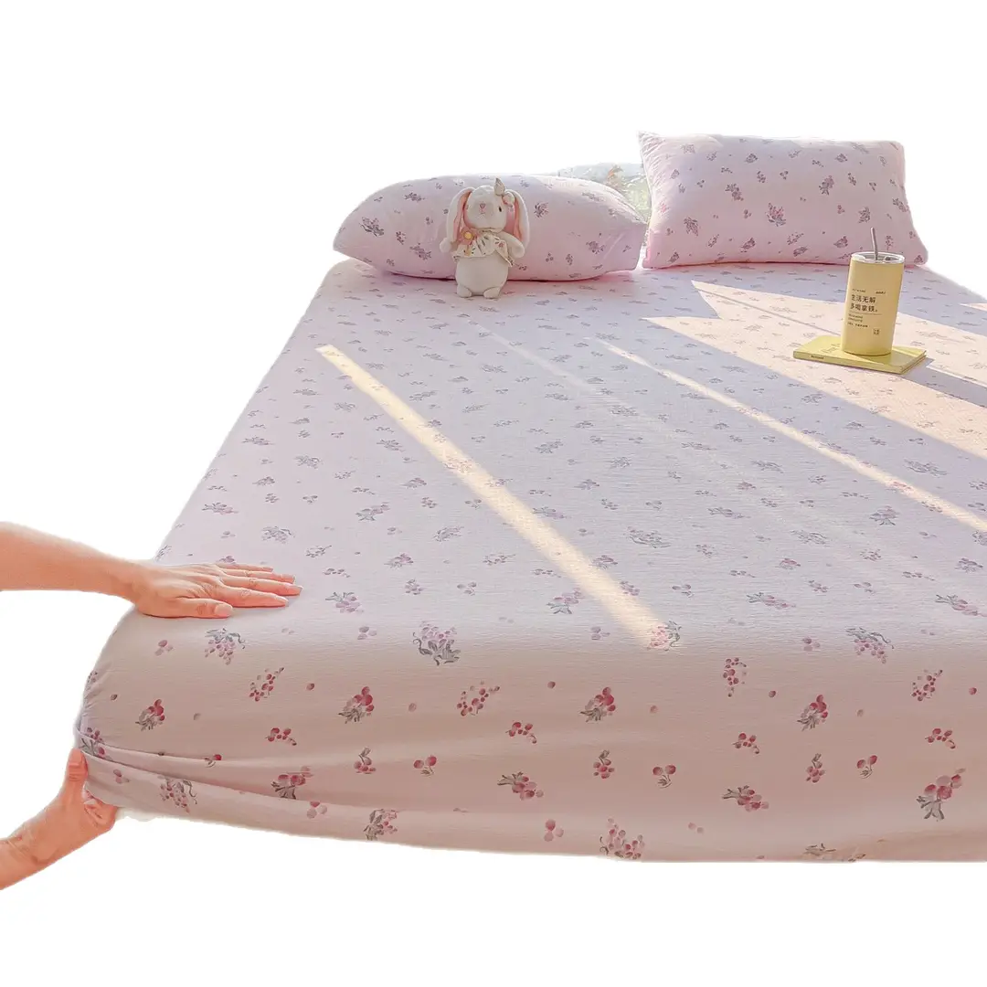 Four-Season Universal Washed Cotton Double-Layer Gauze Fitted Sheet Single-Piece All-Inclusive Anti-Slip Household Double Mattress Dust Cover Three-Piece Set