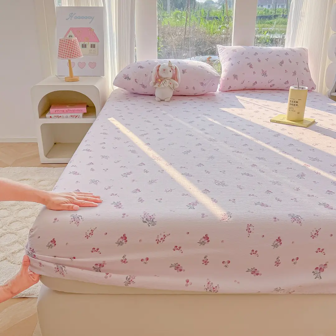 Four-Season Universal Washed Cotton Double-Layer Gauze Fitted Sheet Single-Piece All-Inclusive Anti-Slip Household Double Mattress Dust Cover Three-Piece Set