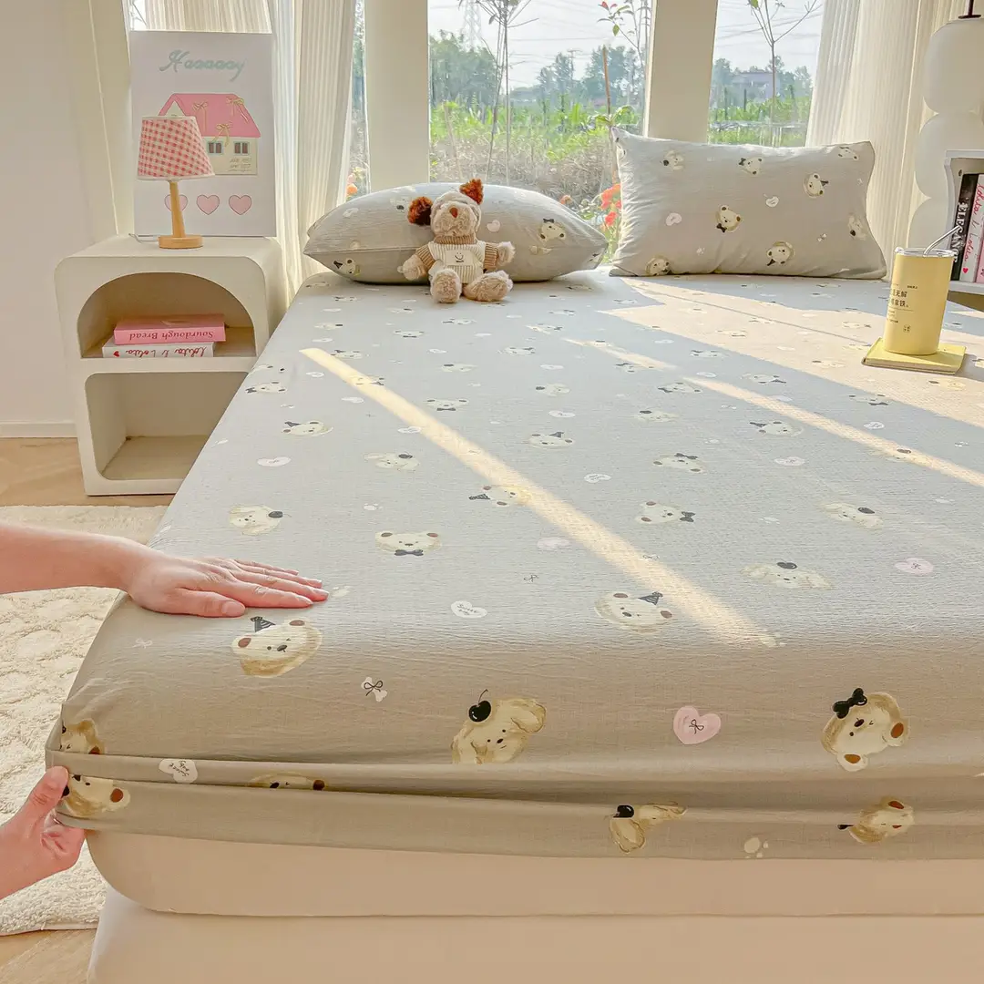 Four-Season Universal Washed Cotton Double-Layer Gauze Fitted Sheet Single-Piece All-Inclusive Anti-Slip Household Double Mattress Dust Cover Three-Piece Set