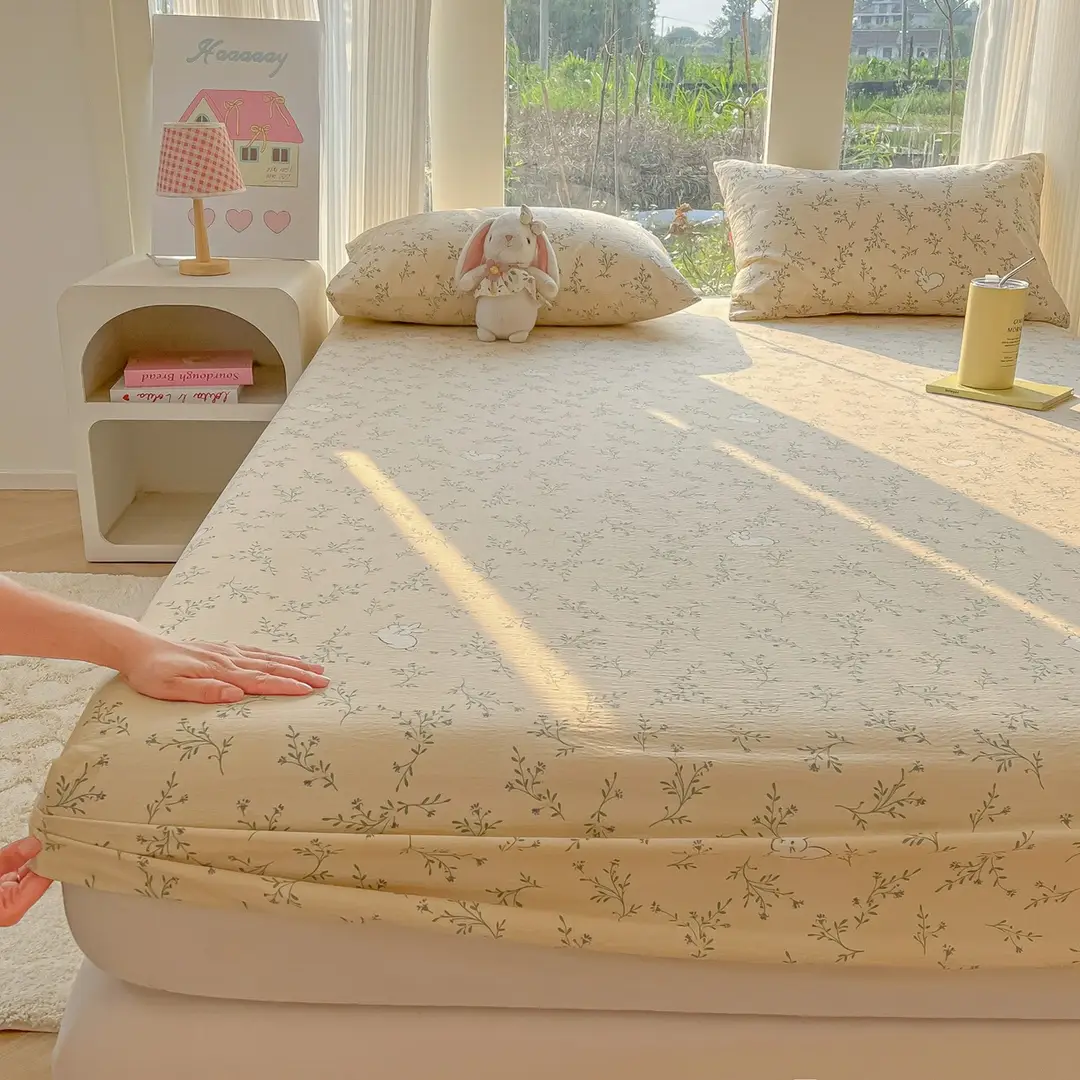 Four-Season Universal Washed Cotton Double-Layer Gauze Fitted Sheet Single-Piece All-Inclusive Anti-Slip Household Double Mattress Dust Cover Three-Piece Set
