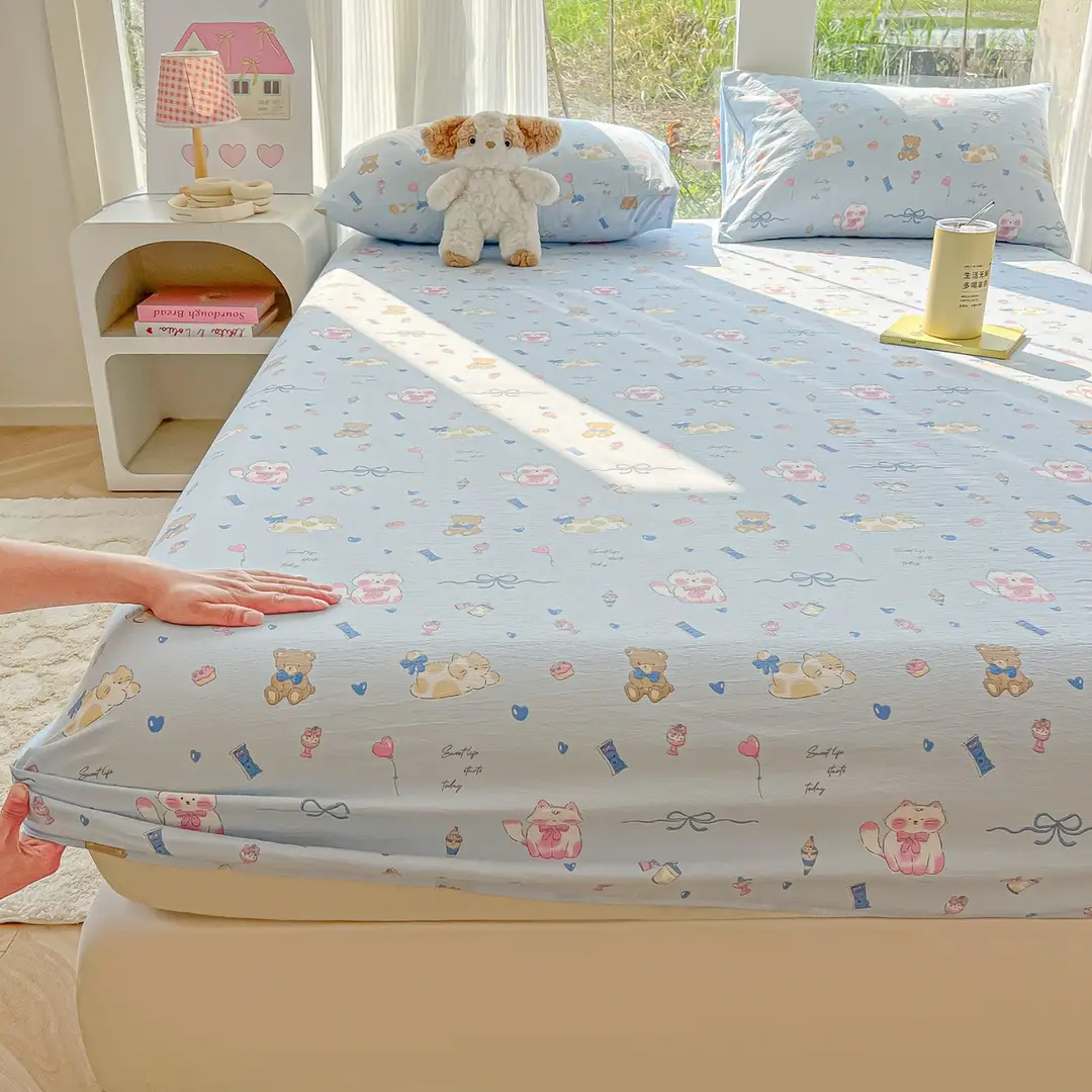 Four-Season Universal Washed Cotton Double-Layer Gauze Fitted Sheet Single-Piece All-Inclusive Anti-Slip Household Double Mattress Dust Cover Three-Piece Set