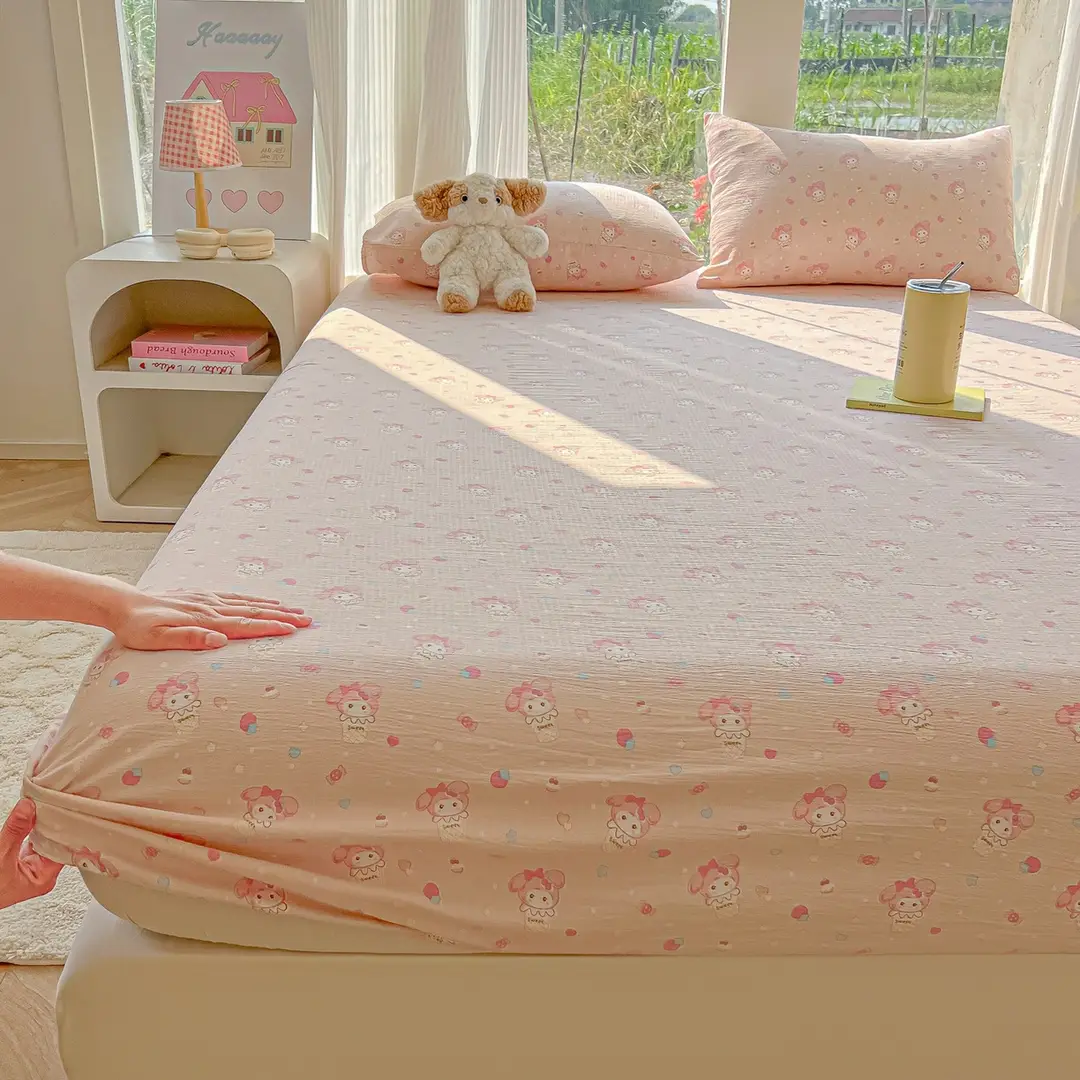 Four-Season Universal Washed Cotton Double-Layer Gauze Fitted Sheet Single-Piece All-Inclusive Anti-Slip Household Double Mattress Dust Cover Three-Piece Set