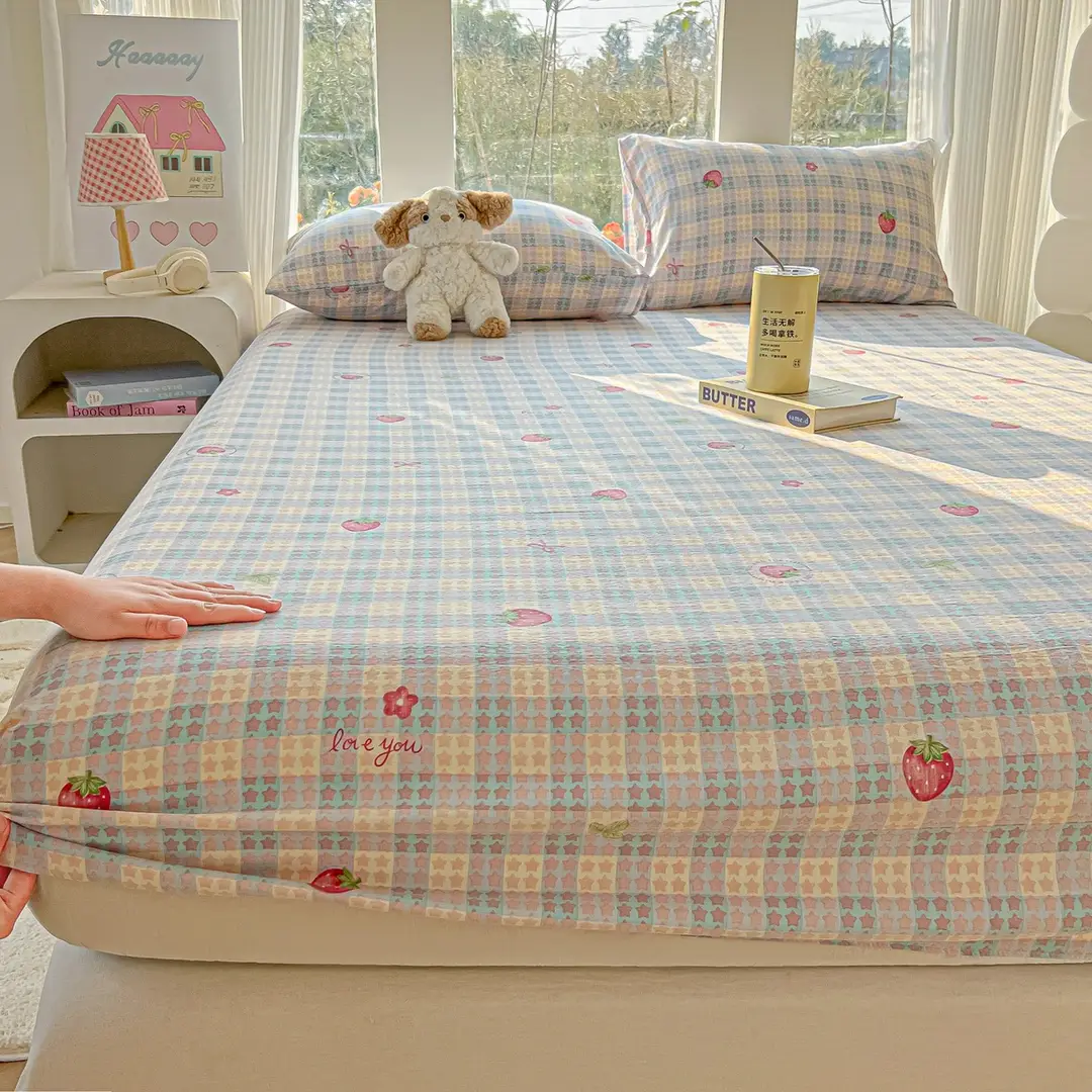 Four-Season Universal Washed Cotton Double-Layer Gauze Fitted Sheet Single-Piece All-Inclusive Anti-Slip Household Double Mattress Dust Cover Three-Piece Set
