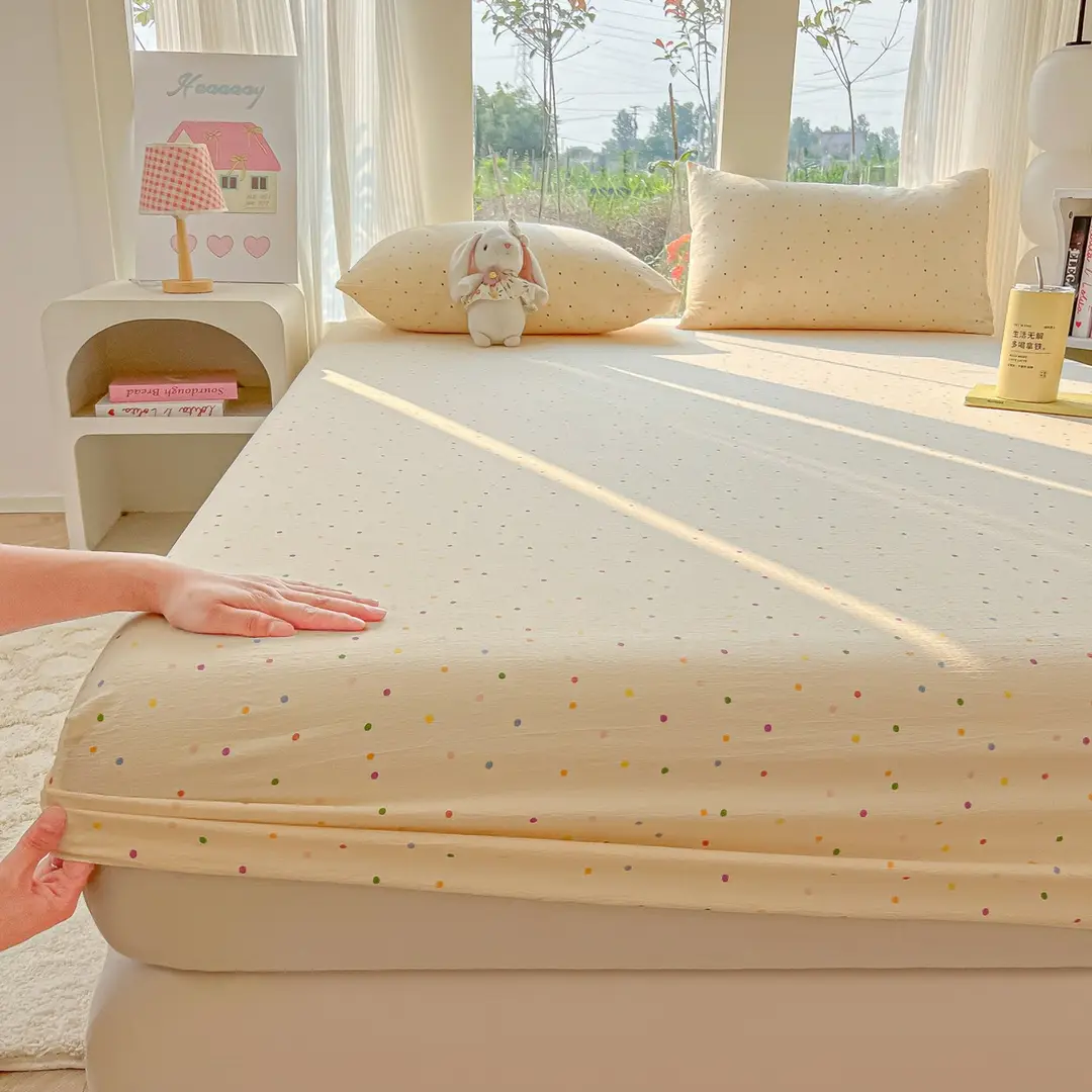 Four-Season Universal Washed Cotton Double-Layer Gauze Fitted Sheet Single-Piece All-Inclusive Anti-Slip Household Double Mattress Dust Cover Three-Piece Set