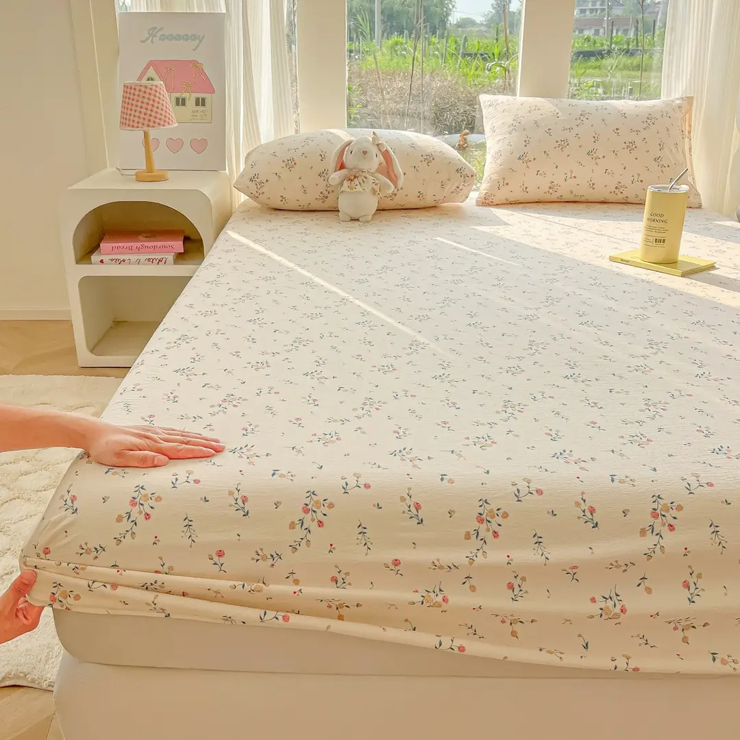 Four-Season Universal Washed Cotton Double-Layer Gauze Fitted Sheet Single-Piece All-Inclusive Anti-Slip Household Double Mattress Dust Cover Three-Piece Set