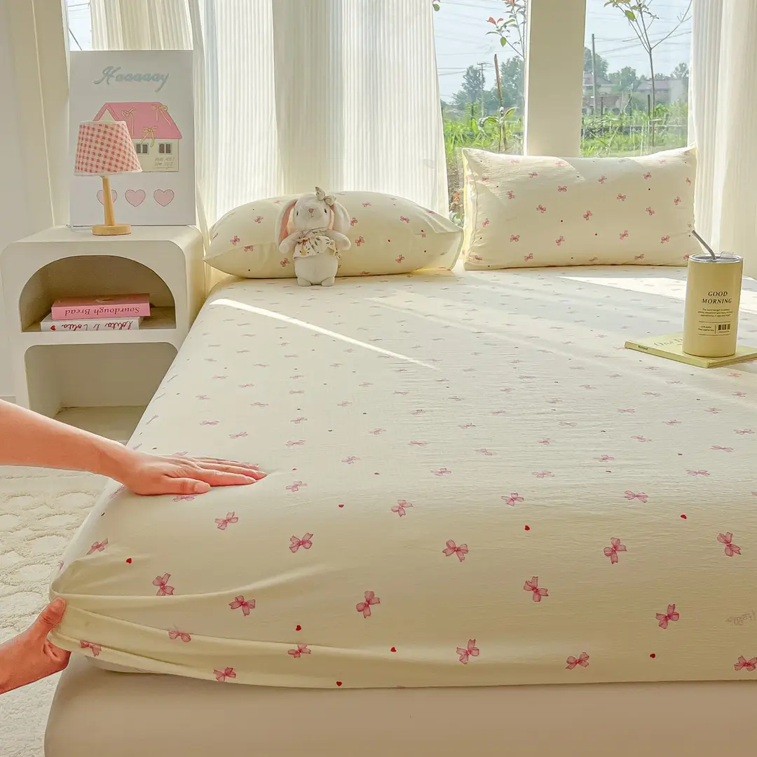 Four-Season Universal Washed Cotton Double-Layer Gauze Fitted Sheet Single-Piece All-Inclusive Anti-Slip Household Double Mattress Dust Cover Three-Piece Set