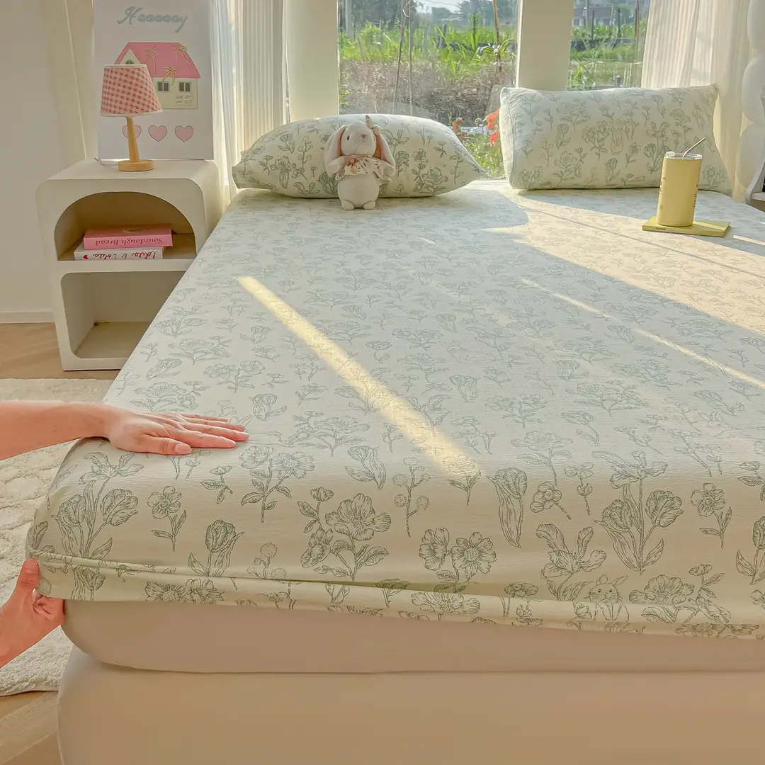 Four-Season Universal Washed Cotton Double-Layer Gauze Fitted Sheet Single-Piece All-Inclusive Anti-Slip Household Double Mattress Dust Cover Three-Piece Set