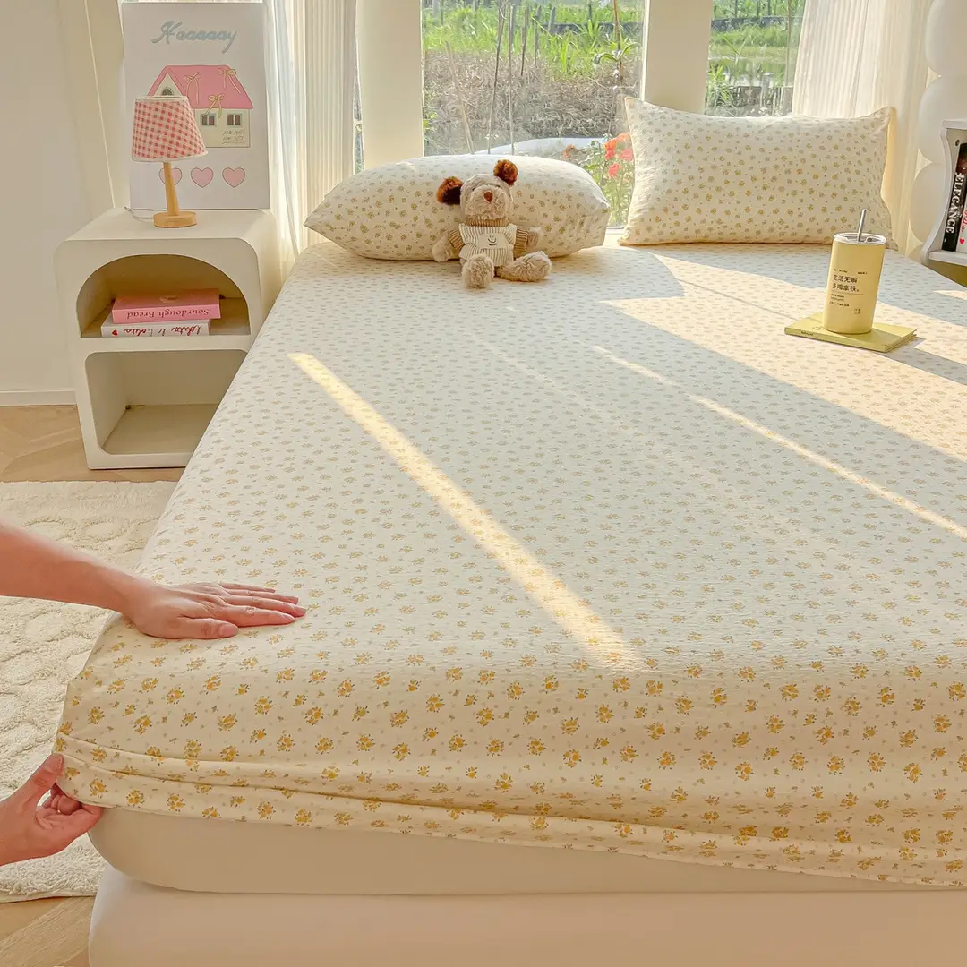 Four-Season Universal Washed Cotton Double-Layer Gauze Fitted Sheet Single-Piece All-Inclusive Anti-Slip Household Double Mattress Dust Cover Three-Piece Set