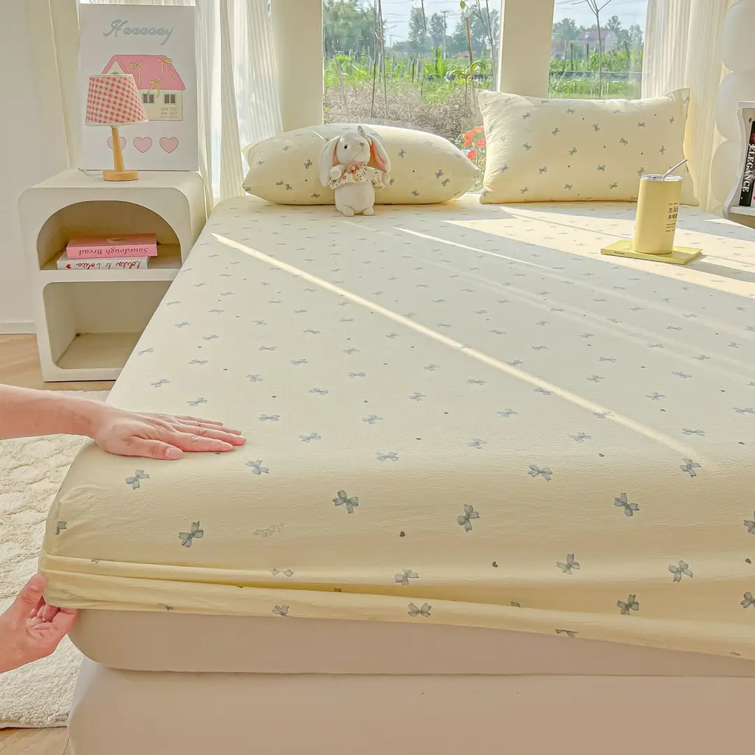 Four-Season Universal Washed Cotton Double-Layer Gauze Fitted Sheet Single-Piece All-Inclusive Anti-Slip Household Double Mattress Dust Cover Three-Piece Set