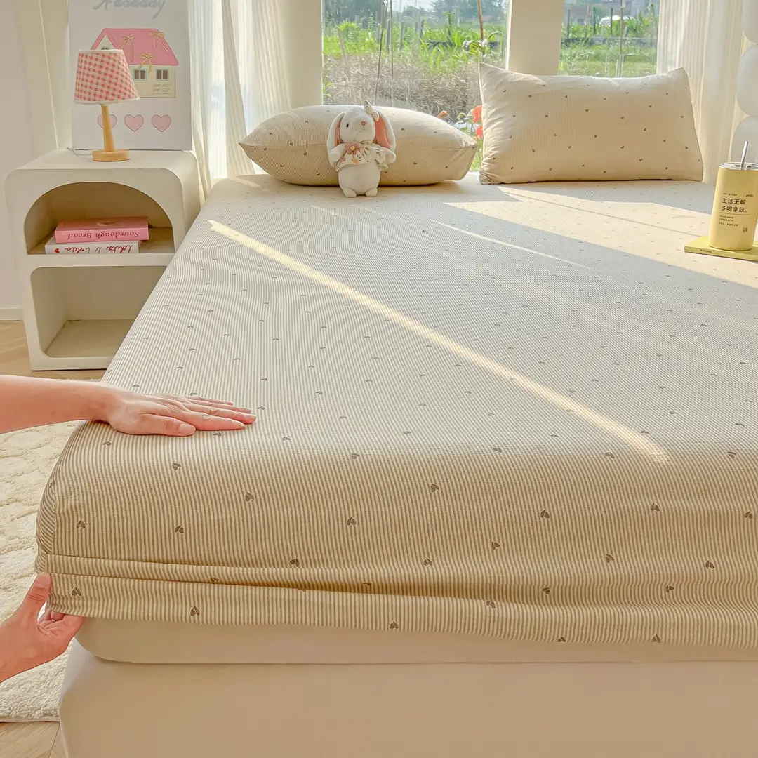 Four-Season Universal Washed Cotton Double-Layer Gauze Fitted Sheet Single-Piece All-Inclusive Anti-Slip Household Double Mattress Dust Cover Three-Piece Set