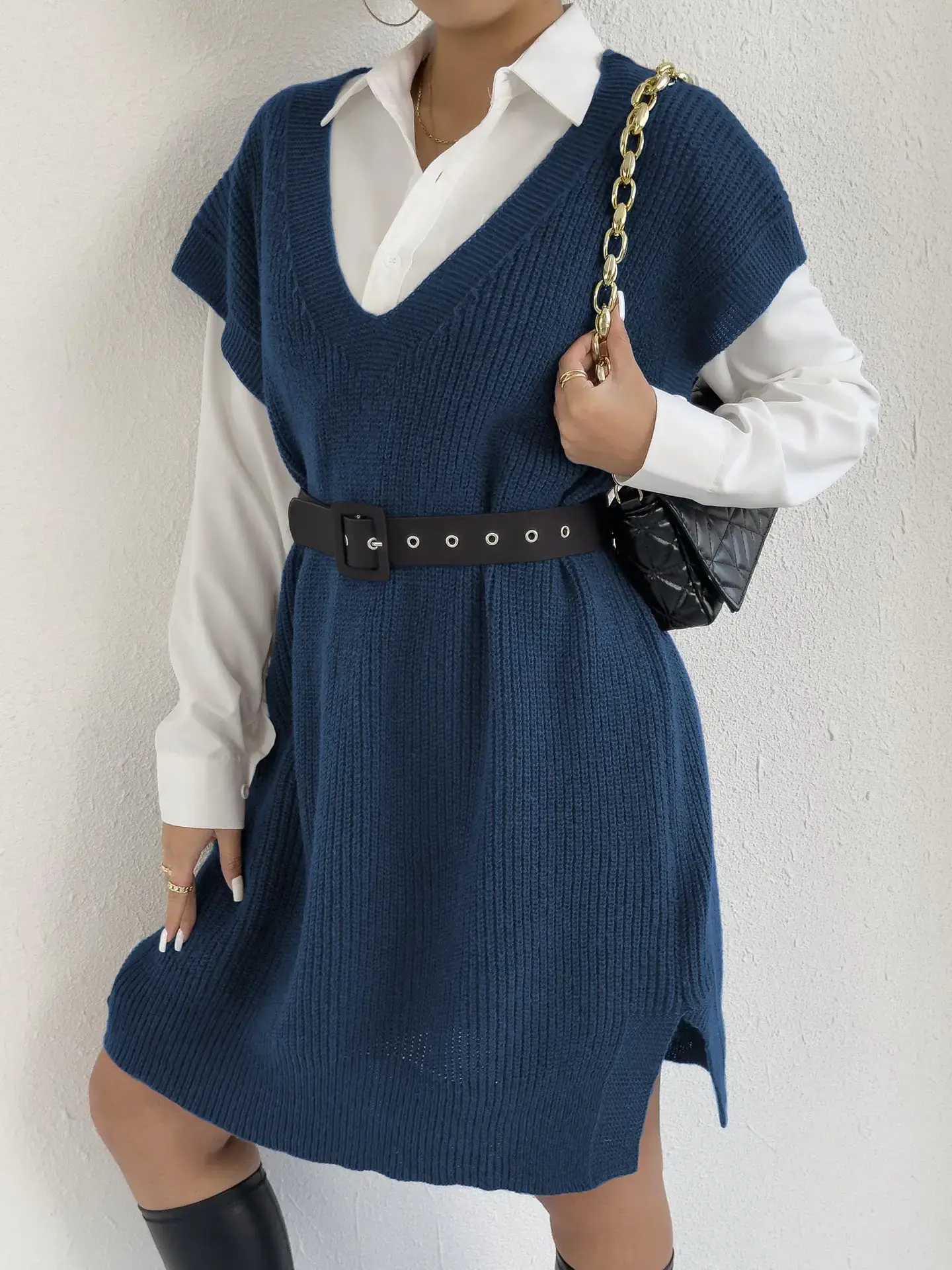 Women's V-Neck Loose Vest Dress Brown Belted