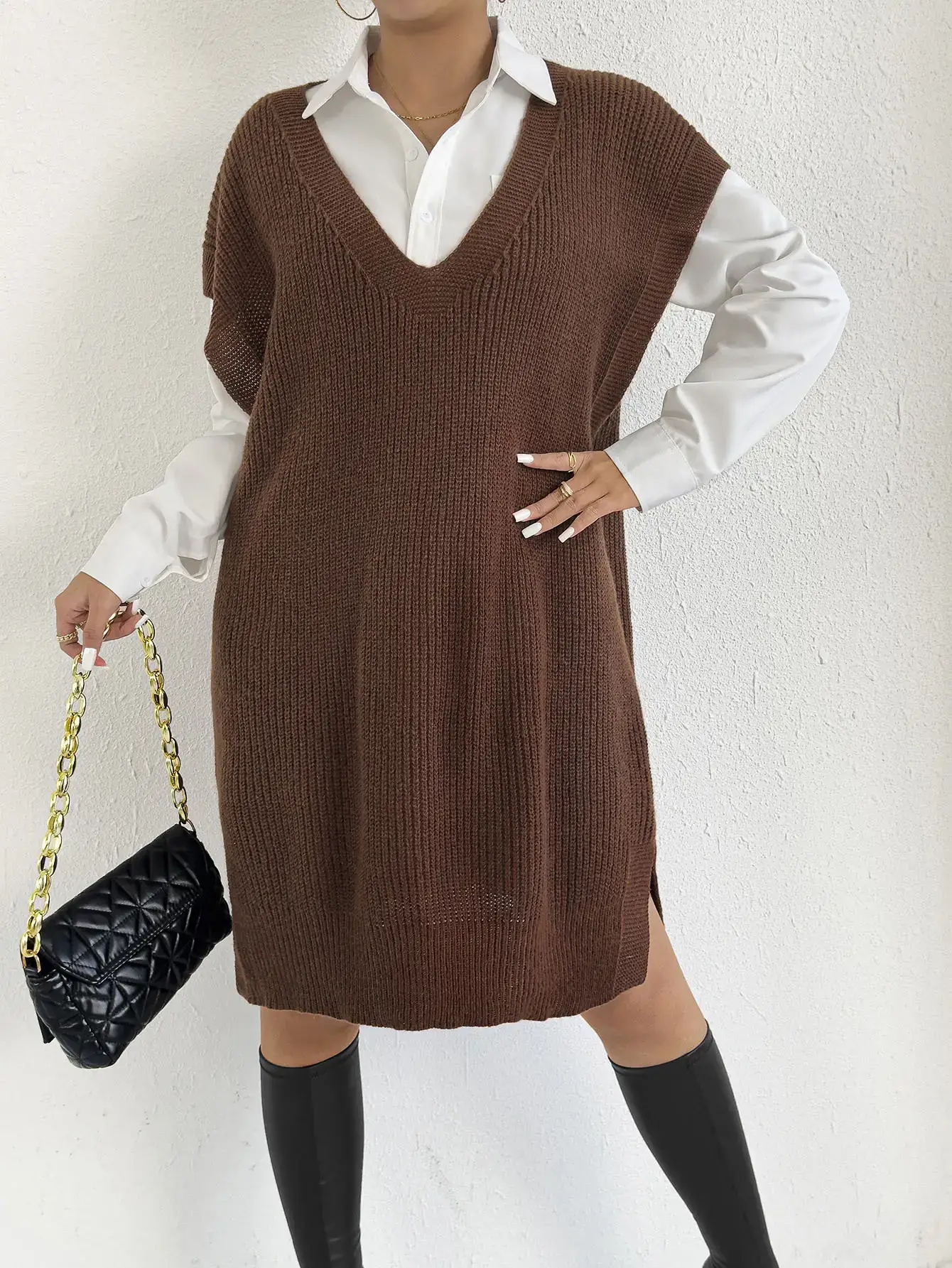 Women's V-Neck Loose Vest Dress Brown Belted