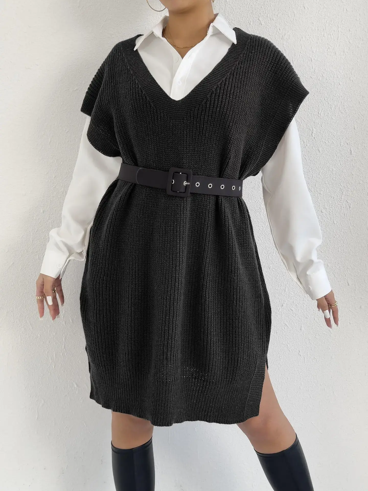 Women's V-Neck Loose Vest Dress Brown Belted