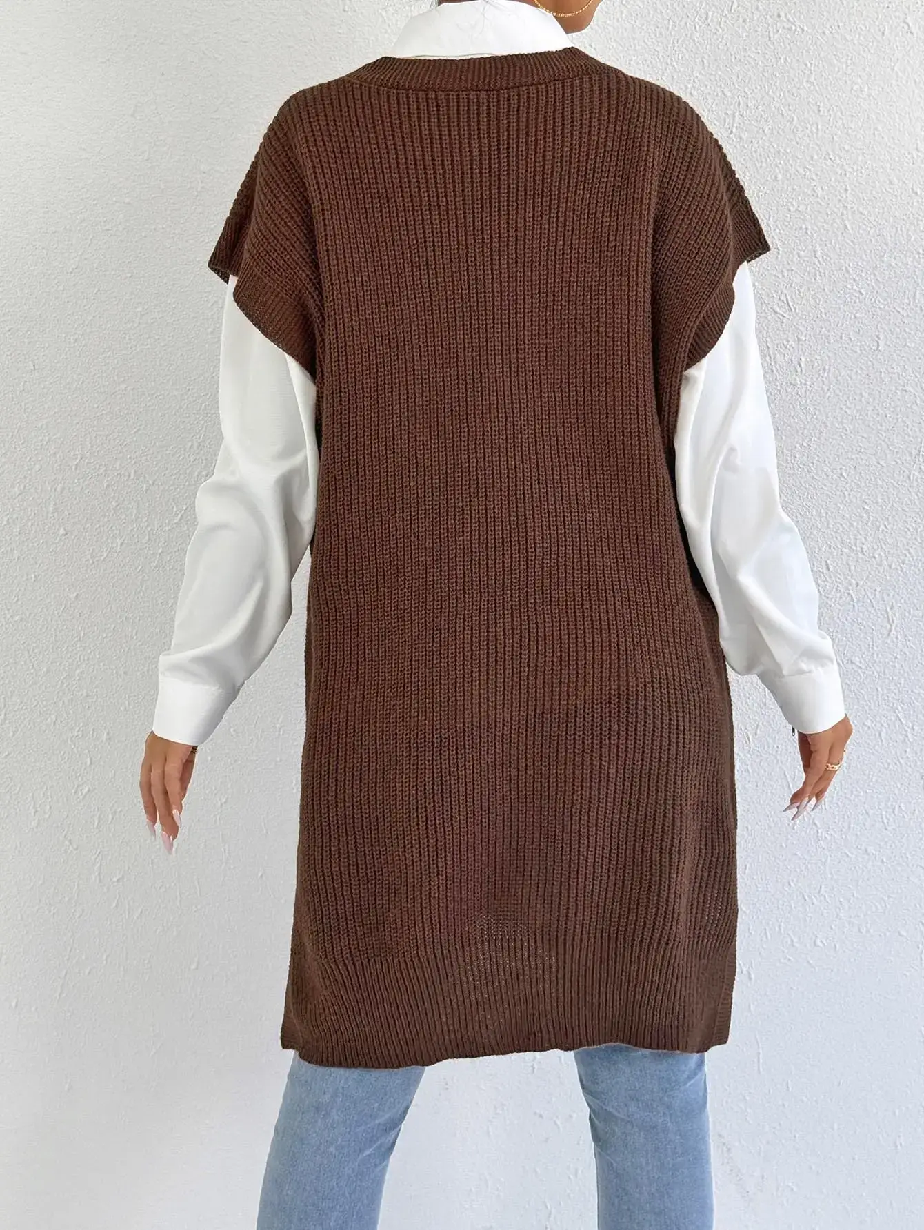 Women's V-Neck Loose Vest Dress Brown Belted