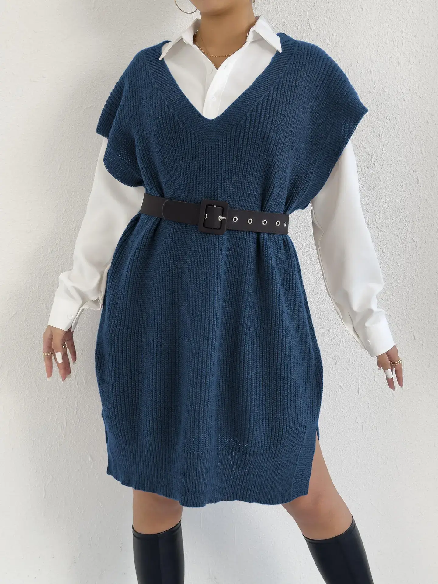 Women's V-Neck Loose Vest Dress Brown Belted — feature 13